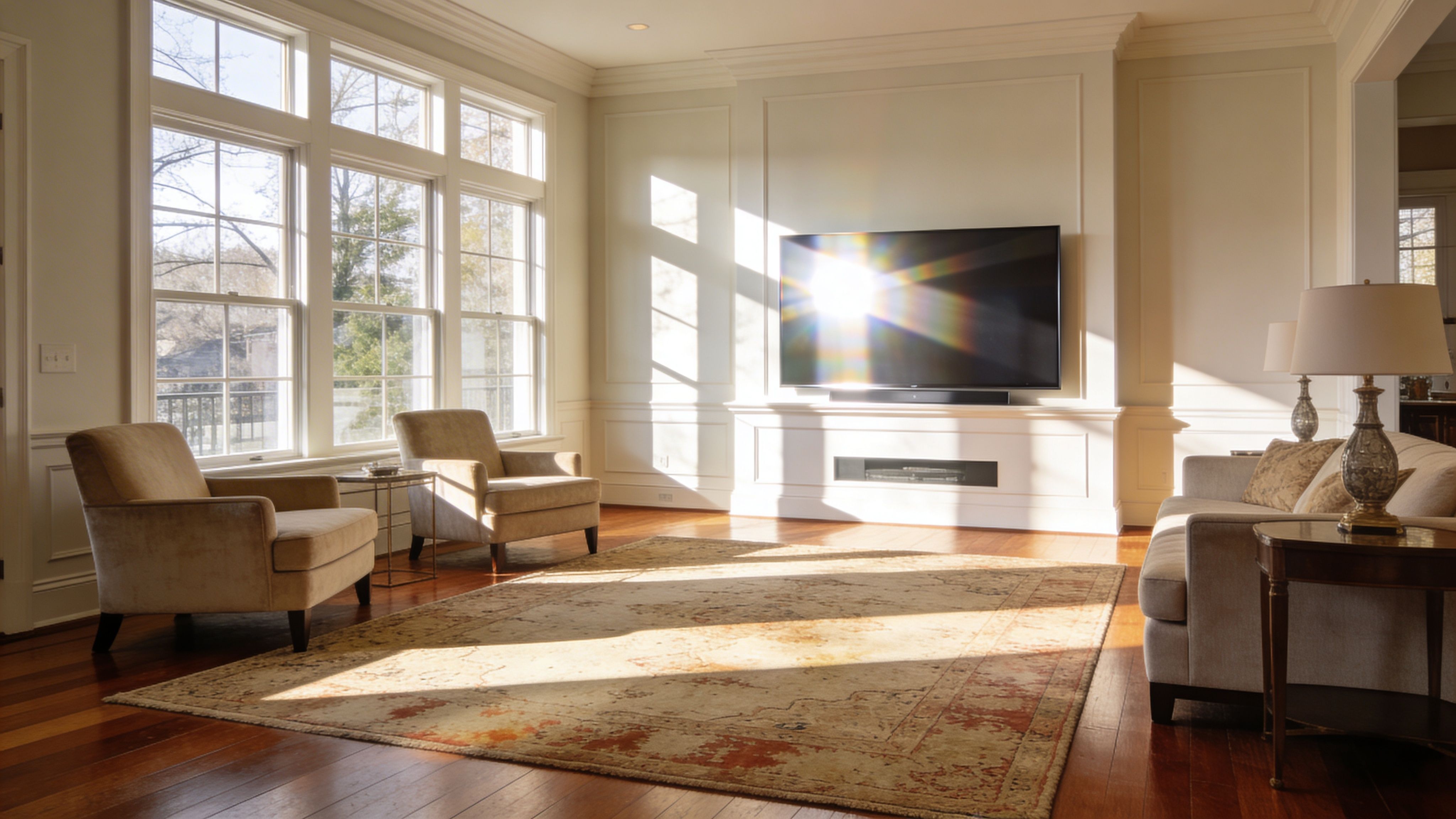 Westchester Window Fashions | Expert Sun Blocking Blinds Shades: Protect Your Home a sunlit living room featuring beige armchairs, a large area rug, and a television mounted on the wall.