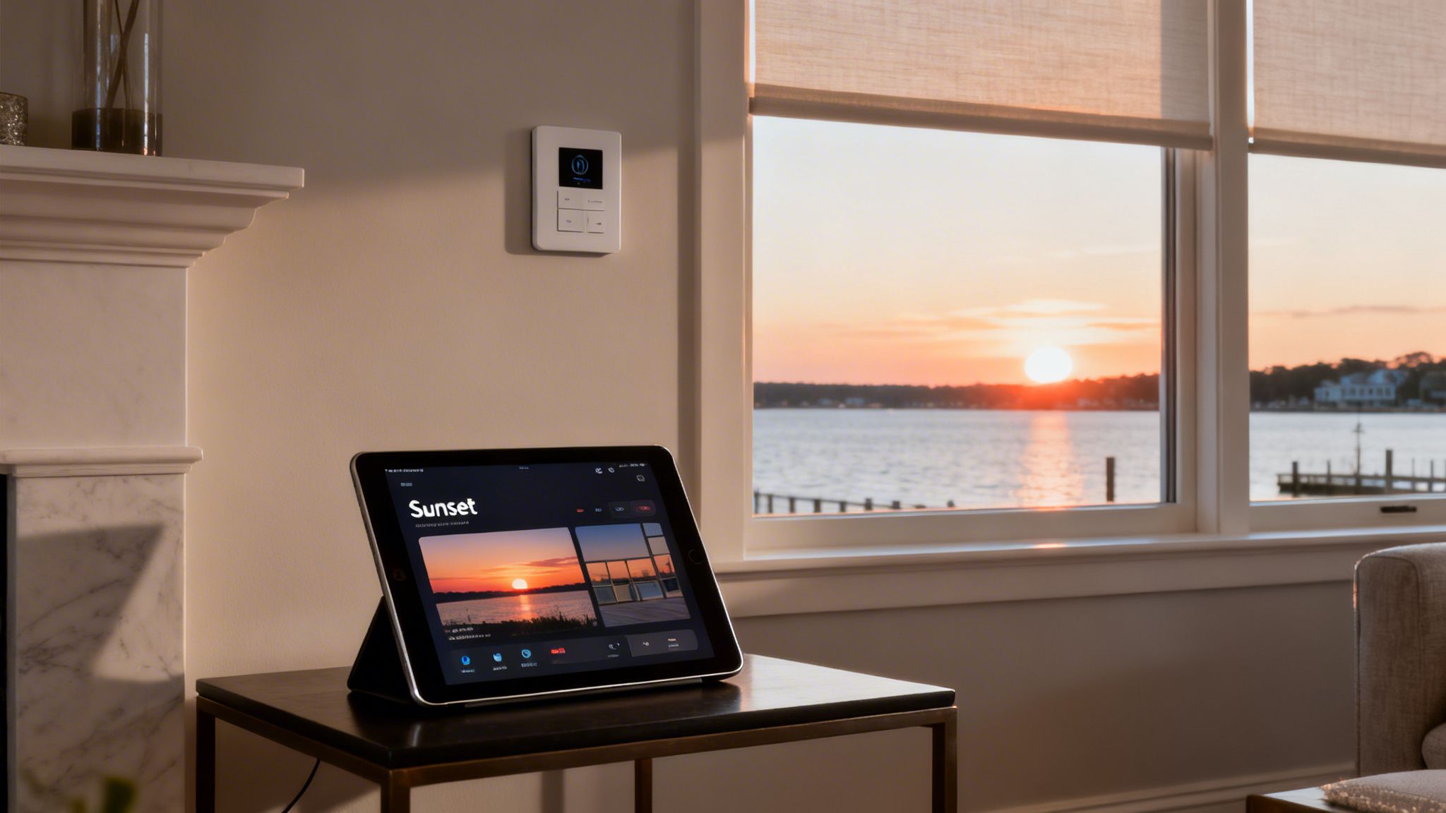 Westchester Window Fashions | The Art of Coastal Living: A Guide to Motorized Roller Shades in Rye, NY a living room with smart home tablet displaying a sunset scene and motorized roller shades, overlooking a scenic waterside sunset.