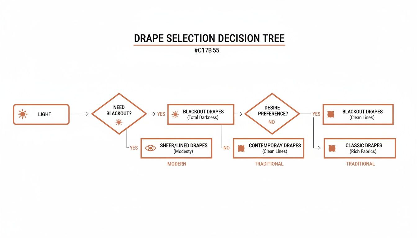 Westchester Window Fashions | The 2026 Guide to Drapes in the Master Bedroom: A Westchester Perspective a decision tree diagram illustrating how to select drapes based on light needs and design preference.