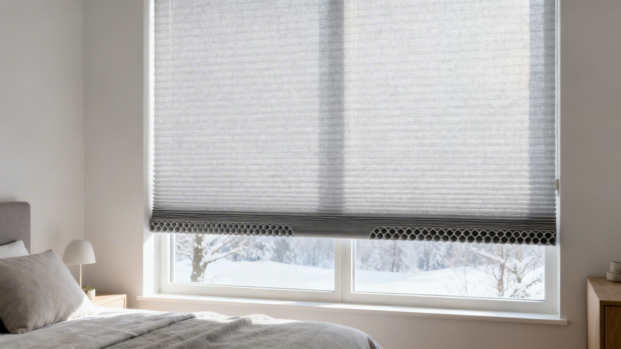 Westchester Window Fashions | Your Guide to the Best Insulating Window Coverings for a Westchester Home light grey cellular blinds covering a bedroom window with a snowy outdoor view.