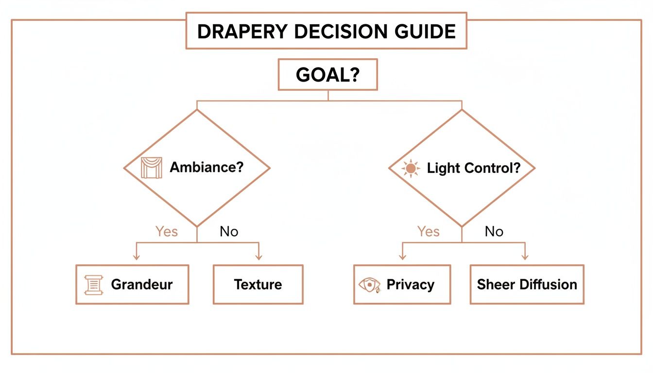 a drapery decision guide flowchart showing options for ambiance, grandeur, texture, light control, privacy, and sheer diffusion.