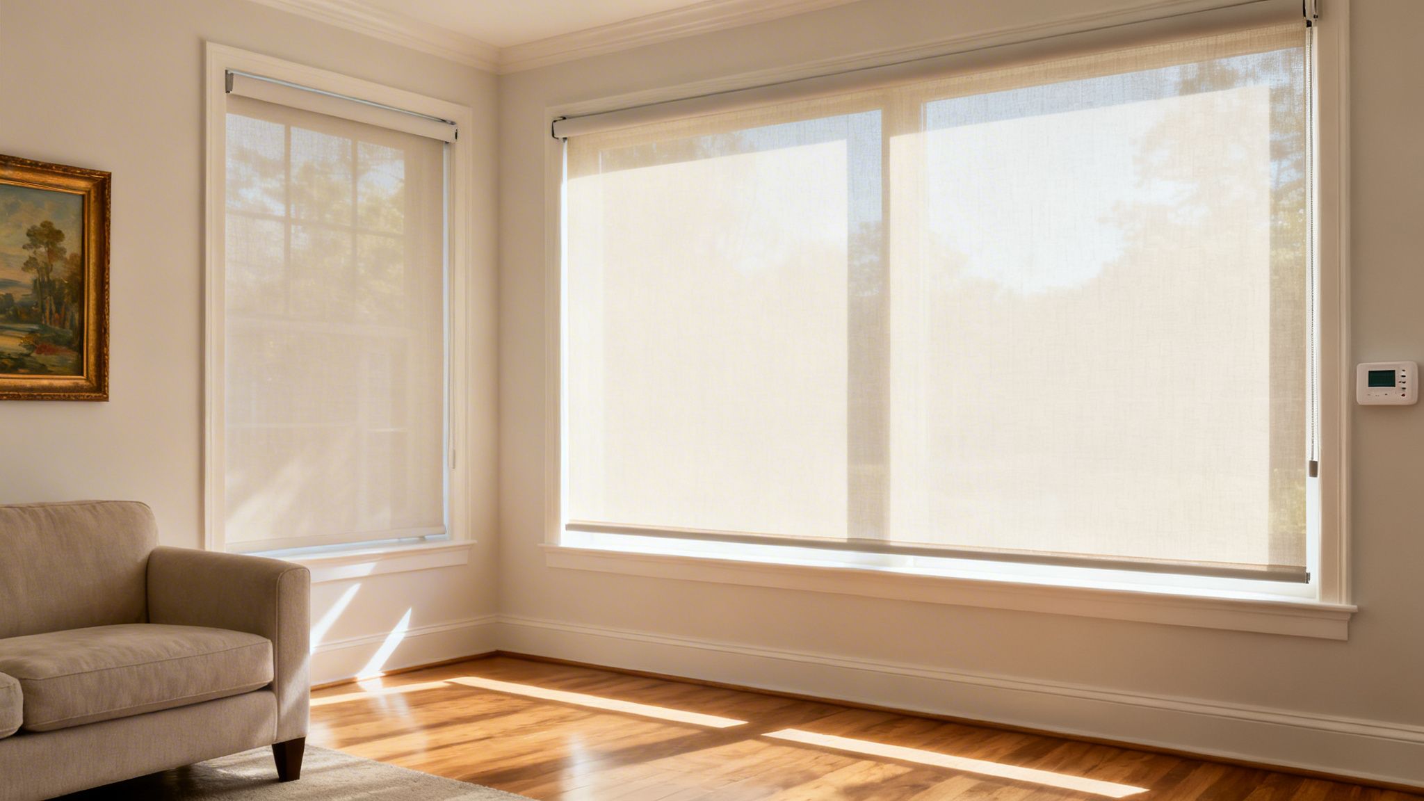 sunlit living room with neutral roller shades on multiple windows, casting light on a wooden floor.