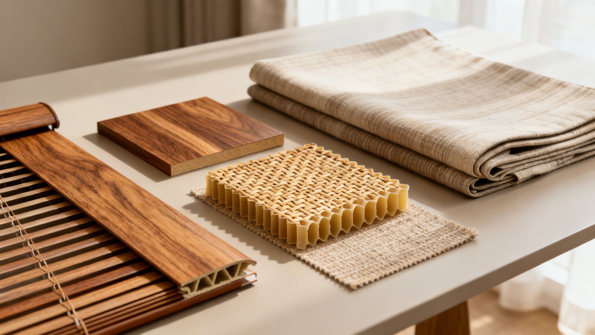 various material samples including wood blinds, honeycomb shades, and fabric swatches for interior design.