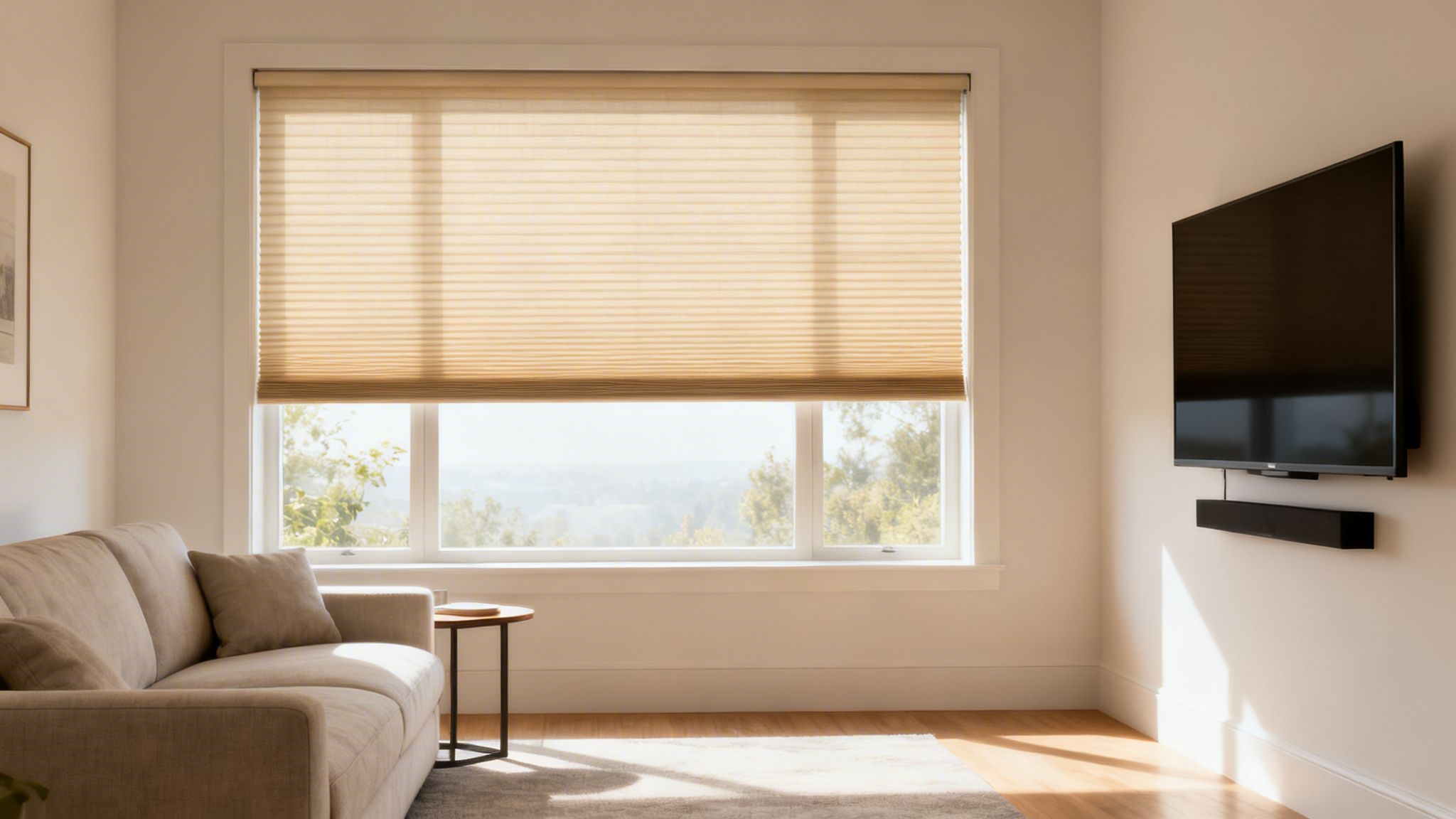 Westchester Window Fashions | The Best Blinds for Your Westchester Living Room: A 2026 Design Guide a bright living room featuring a comfortable sofa, a wall-mounted tv, and beige cellular blinds on a large window.