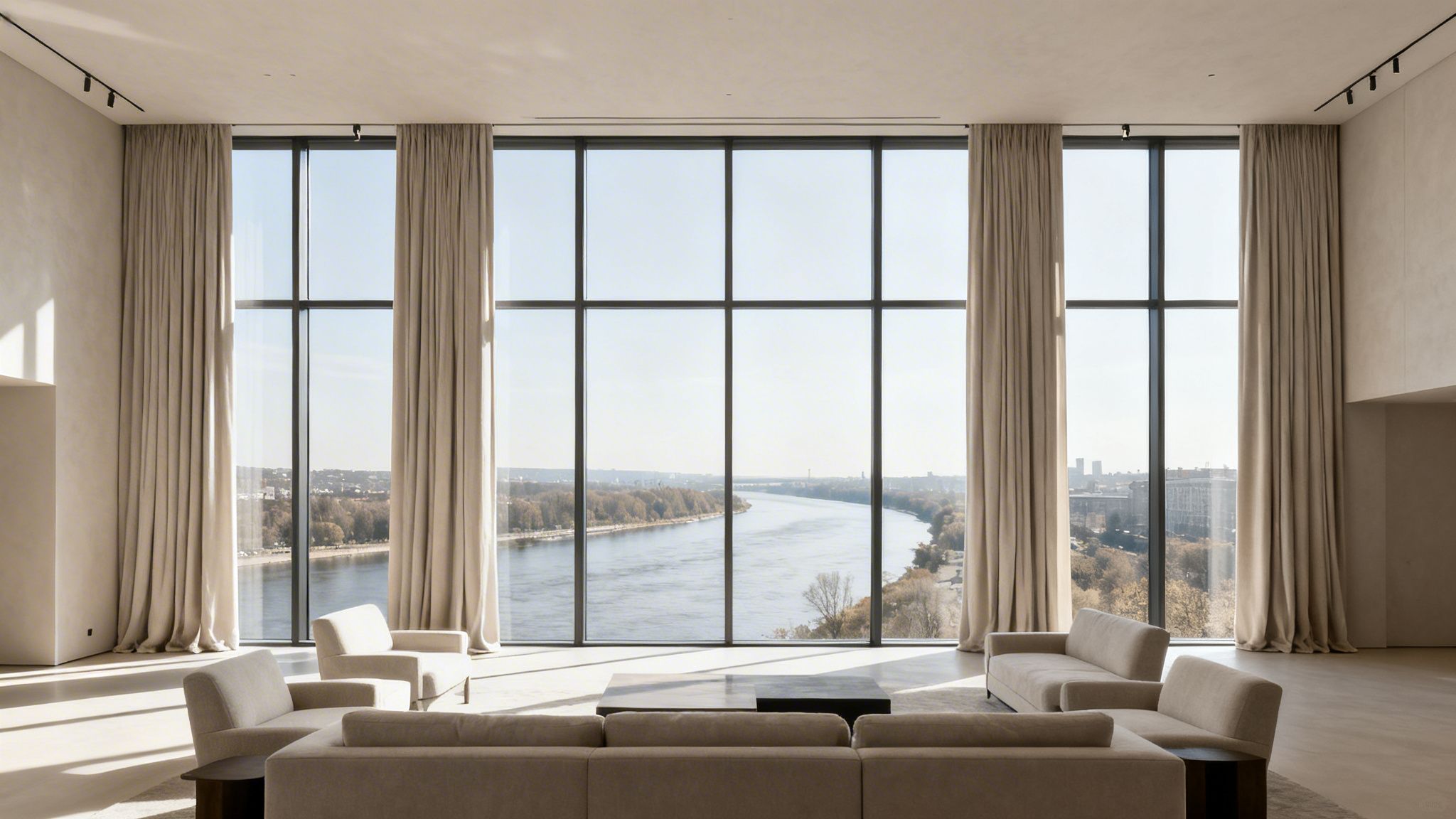 Westchester Window Fashions | Mastering Window Treatments for Floor to Ceiling Windows in 2026 a modern living room with floor-to-ceiling windows offering a panoramic view of a river and city, featuring elegant beige curtains and light-colored furniture.