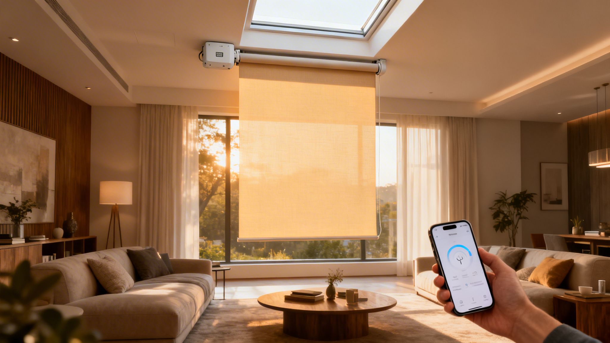 smart home control: a hand uses a phone app to lower an automated blind in a sunlit living room.