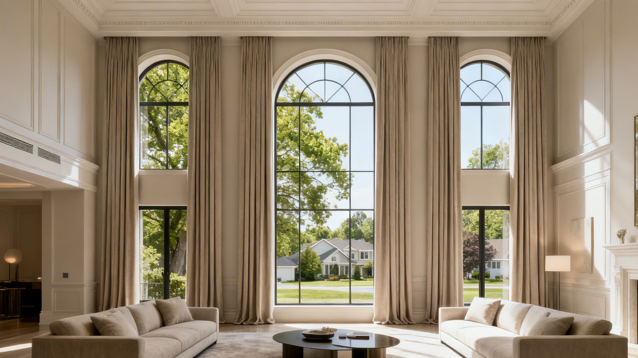 Westchester Window Fashions | Elevating Grand Interiors with Custom Window Treatments in Scarsdale, NY luxurious living room featuring custom beige window treatments, arched windows, and two large sofas.