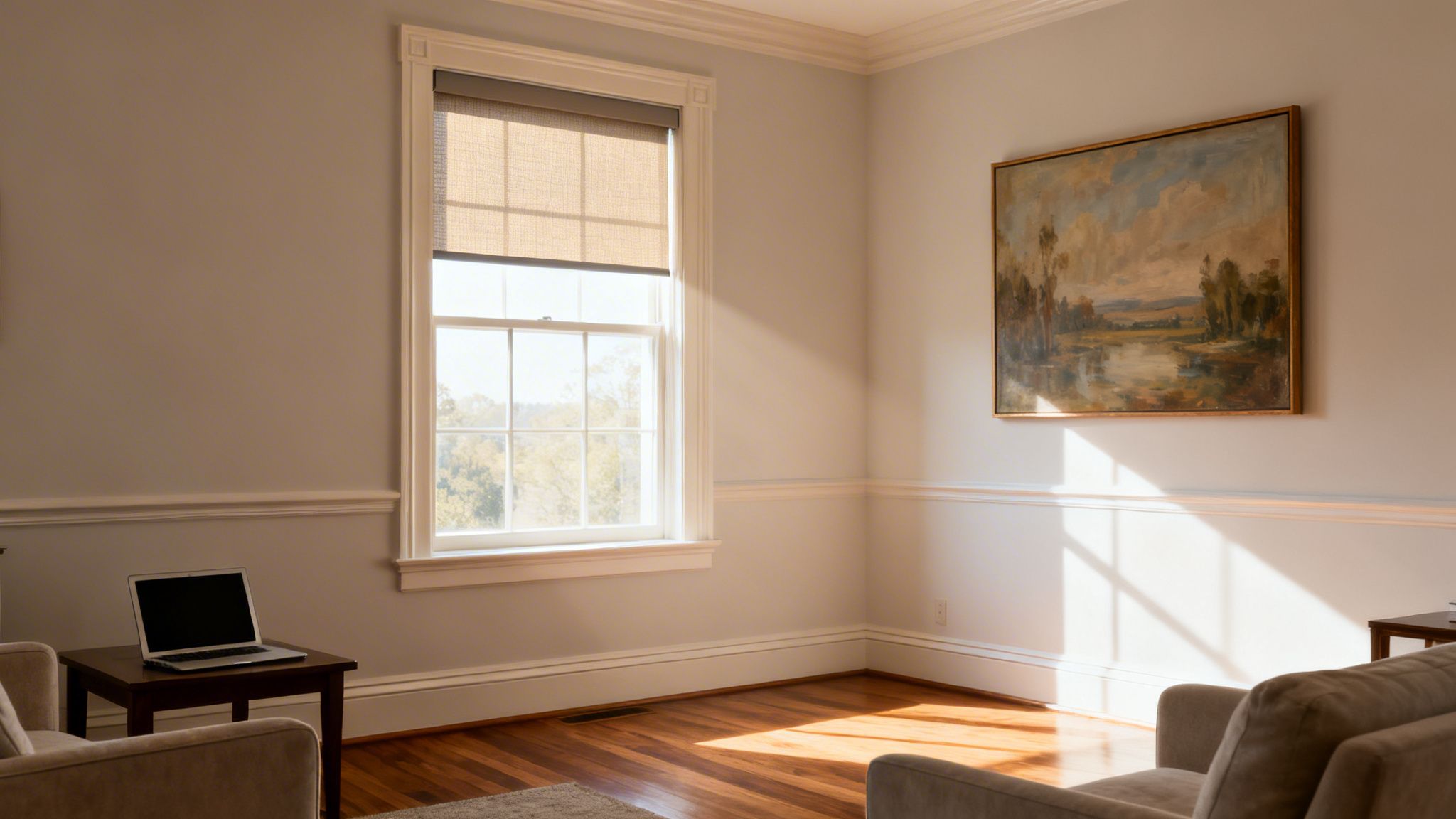 Westchester Window Fashions | What Are Solar Shades for Windows? A Westchester Design Guide a bright room with a window featuring a solar shade, sunlight on the floor, and a landscape painting.