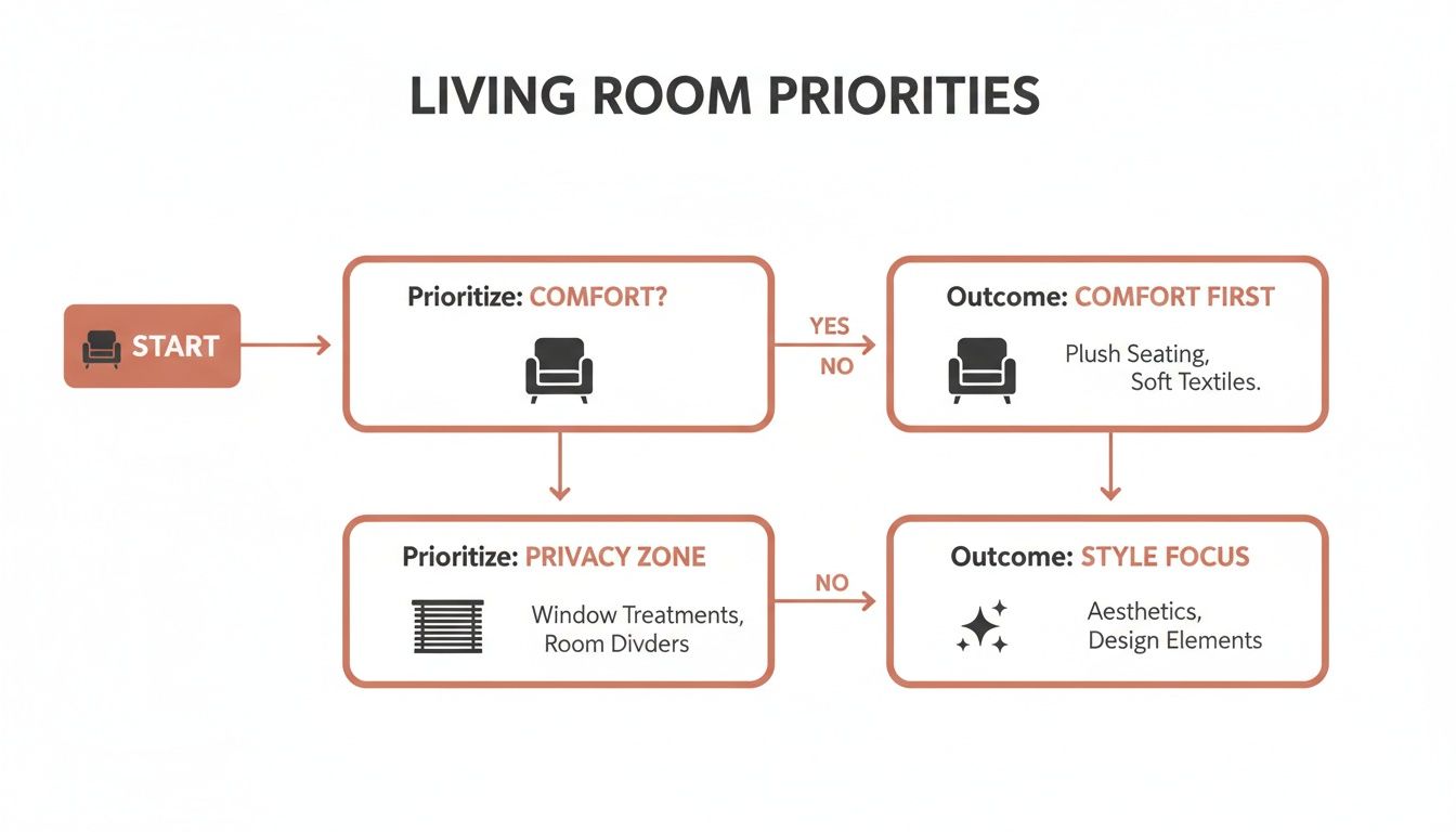 Westchester Window Fashions | The Best Blinds for Your Westchester Living Room: A 2026 Design Guide flowchart detailing living room design priorities, guiding decisions based on comfort, privacy, and style.