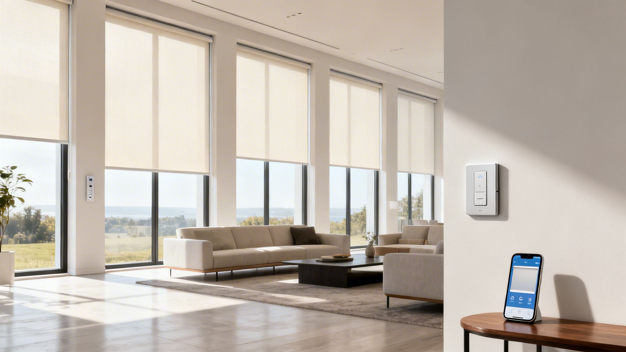 Westchester Window Fashions | Your Guide to Custom Window Coverings Near Me in Westchester modern living room with numerous large windows featuring automated roller shades and smart controls.