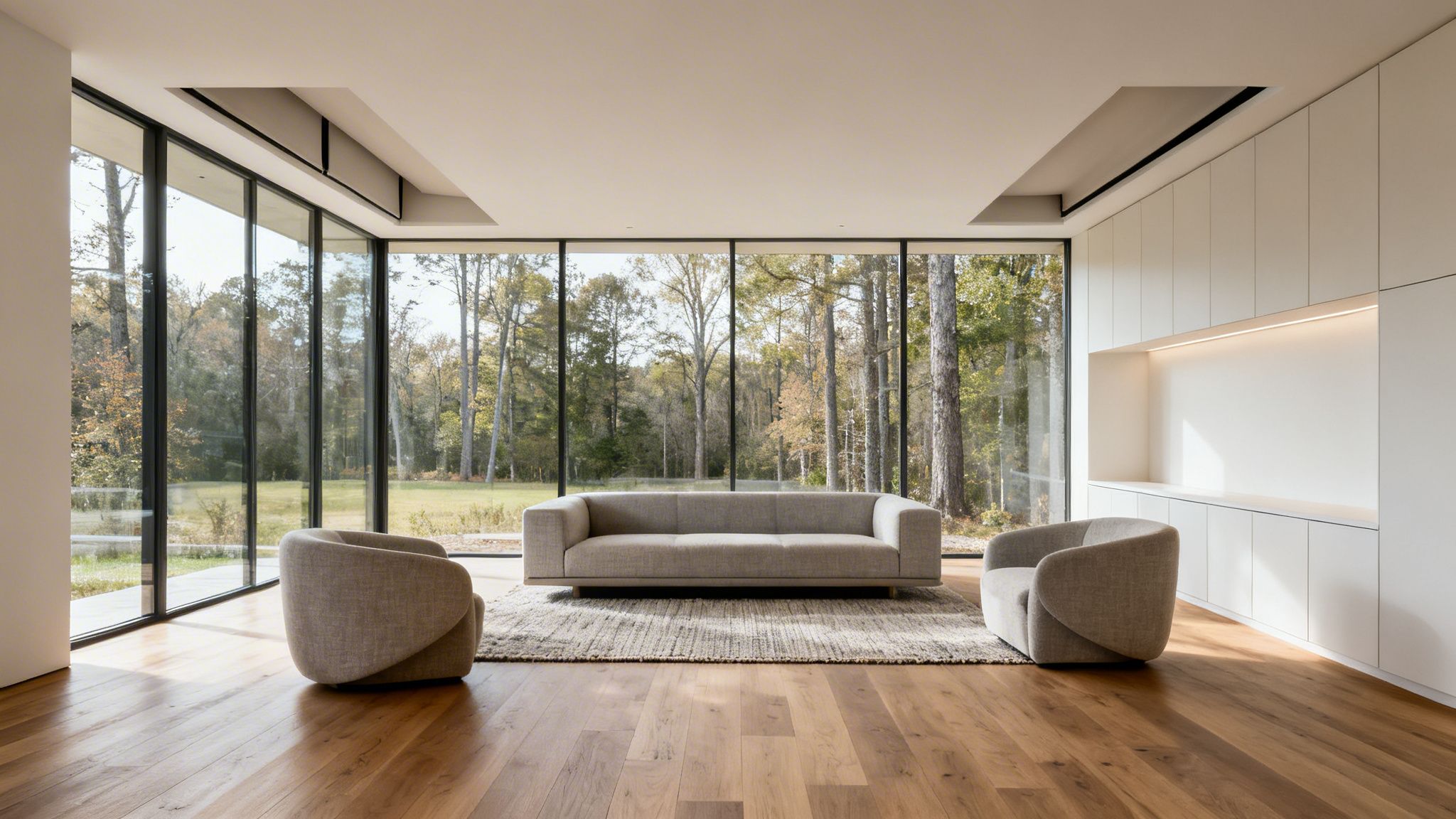 a modern living room with large windows overlooking a forest, featuring a sofa and two armchairs.
