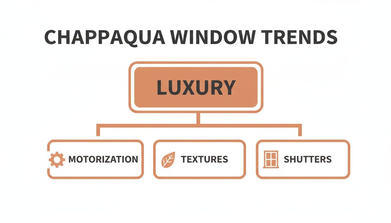 Westchester Window Fashions | Elevating Chappaqua Homes: The Defining Window Treatment Trends for 2026 a diagram illustrating chappaqua window trends, highlighting luxury with motorization, textures, and shutters.