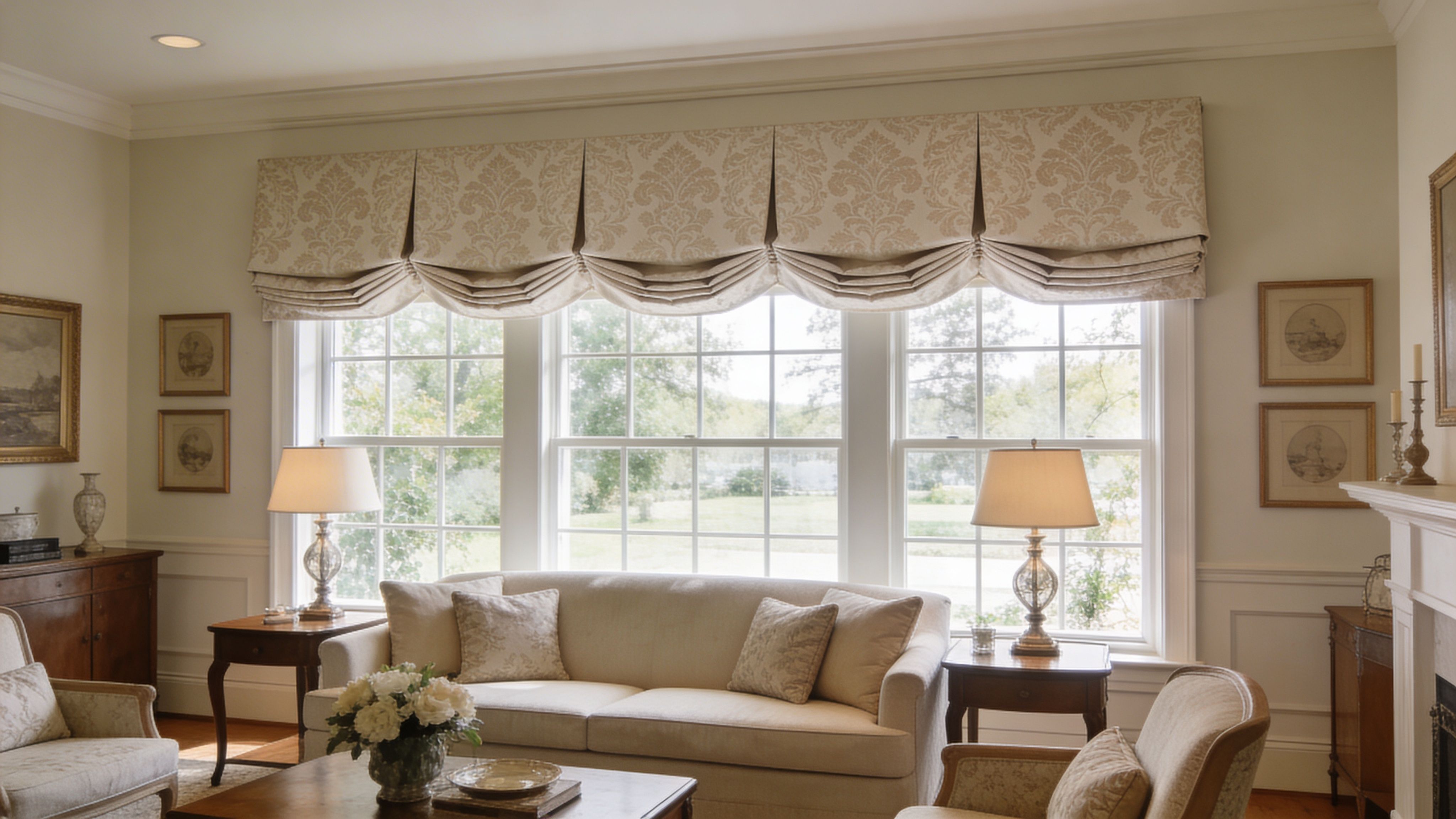 a bright, traditional living room featuring a comfortable sofa, matching lamps, and elegant patterned window valances.