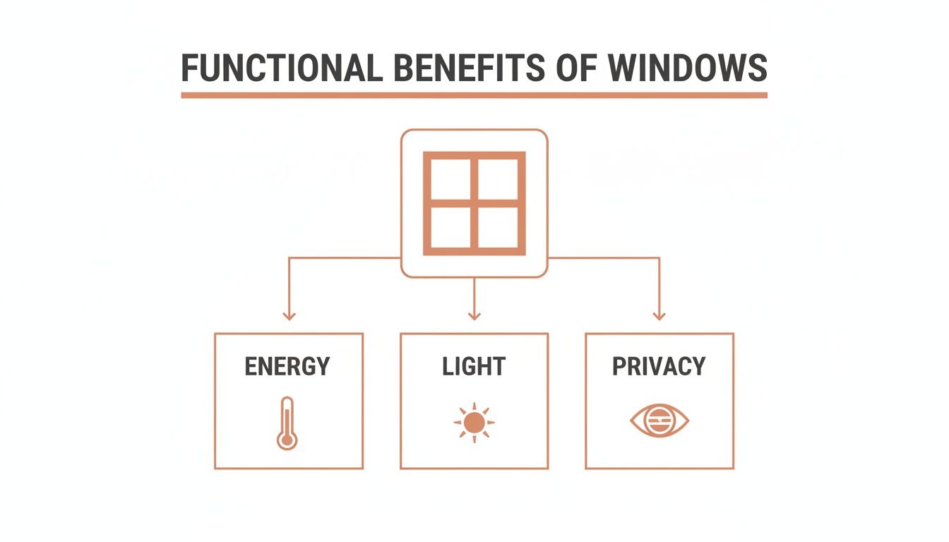 Westchester Window Fashions | The Sophisticated Homeowner’s Guide to Custom Window Treatments in Westchester diagram illustrating the functional benefits of windows including energy efficiency, natural light, and privacy.