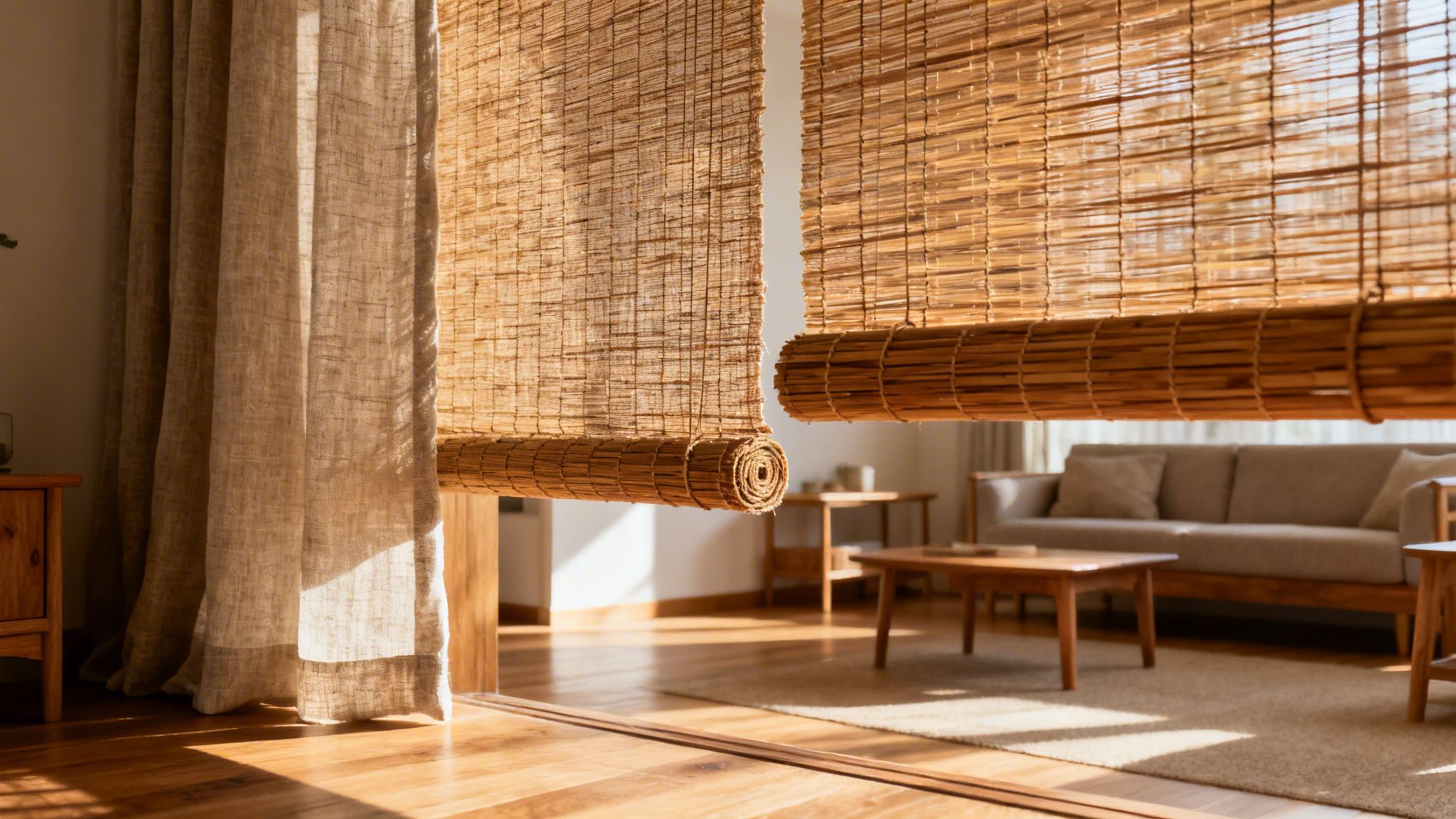 Westchester Window Fashions | Elevating Chappaqua Homes: The Defining Window Treatment Trends for 2026 sunlit interior with natural bamboo blinds and linen curtains, enhancing a cozy living room ambiance.