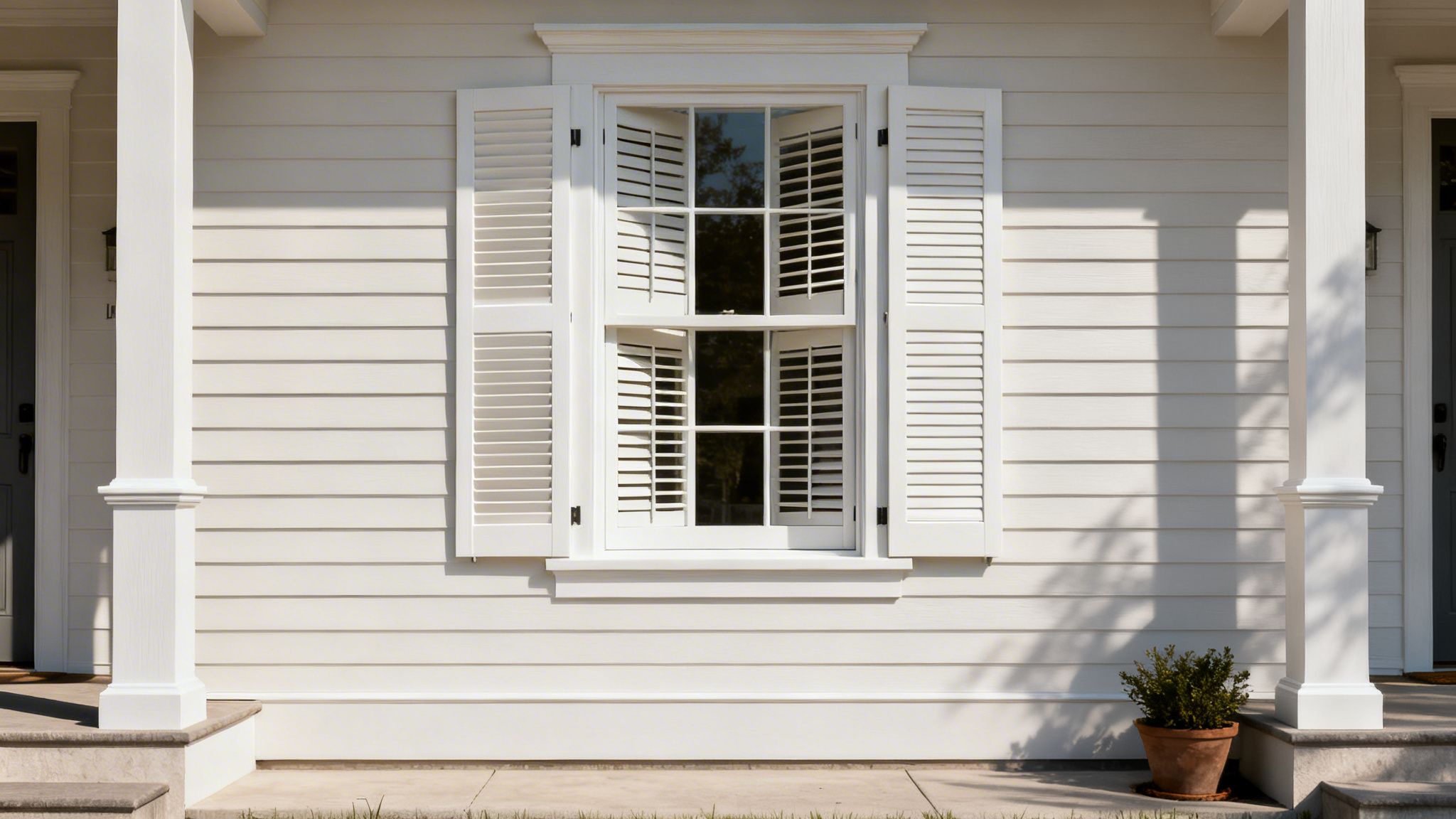 Westchester Window Fashions | Transforming Westchester Patios into Luxury Outdoor Rooms white clapboard house exterior with an open window, white louvered shutters, and front porch columns.