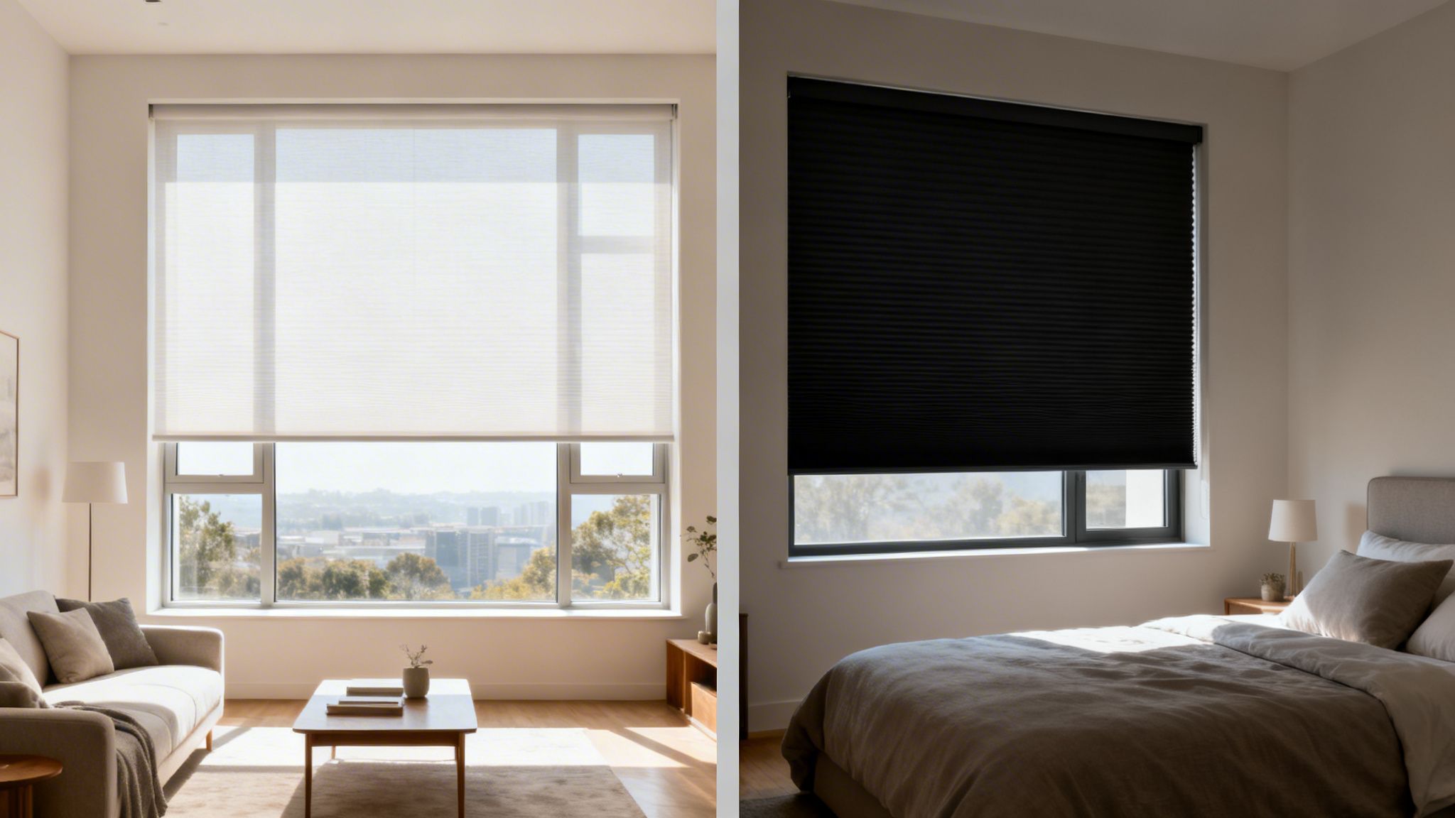 two rooms showcasing different window treatments: light-filtering white blinds and blackout black blinds.