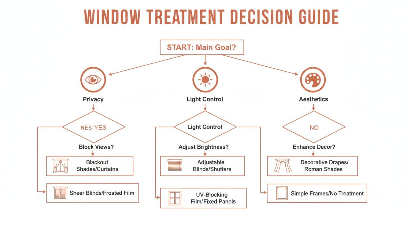 flowchart guide to choosing window treatments based on main goals like privacy, light control, and aesthetics.