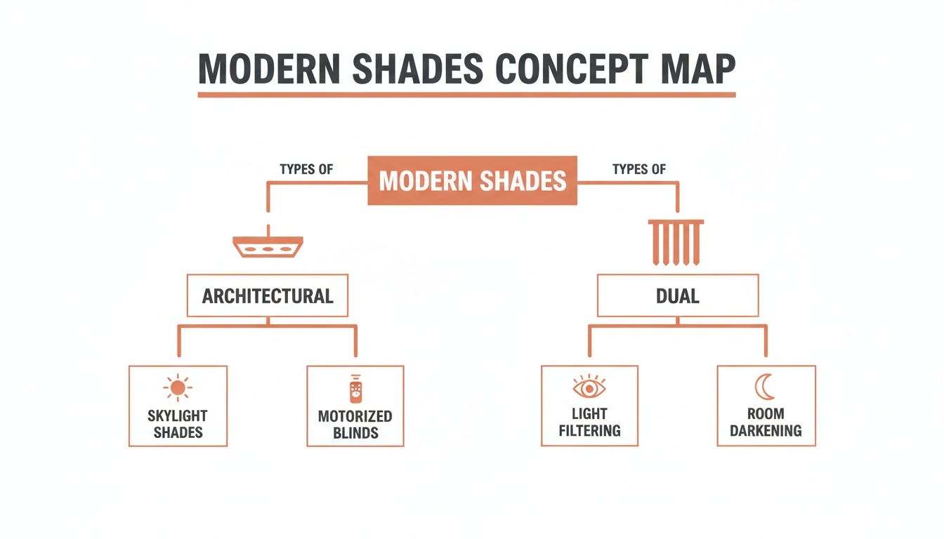 a concept map details types of modern shades: architectural (skylight, motorized) and dual (light filtering, room darkening).