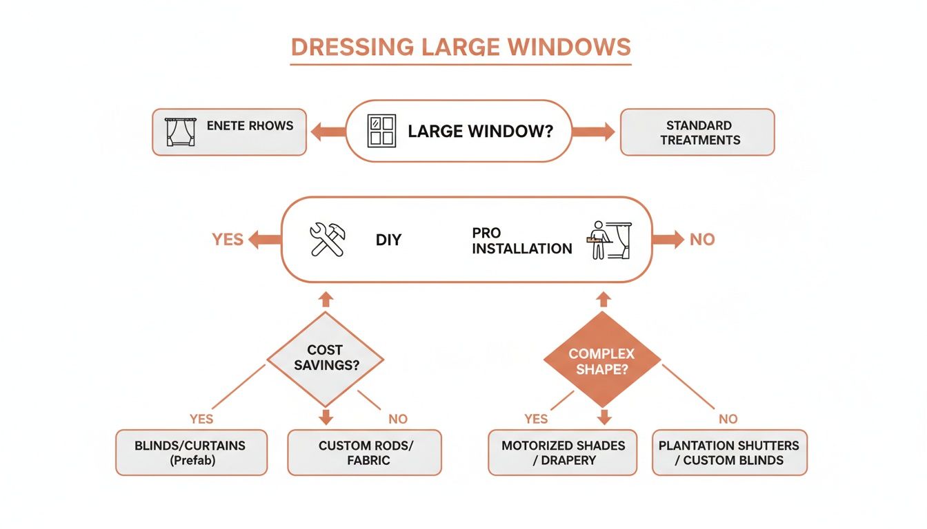 a flowchart illustrating the decision process for dressing large windows, considering diy, professional installation, cost, and shape.
