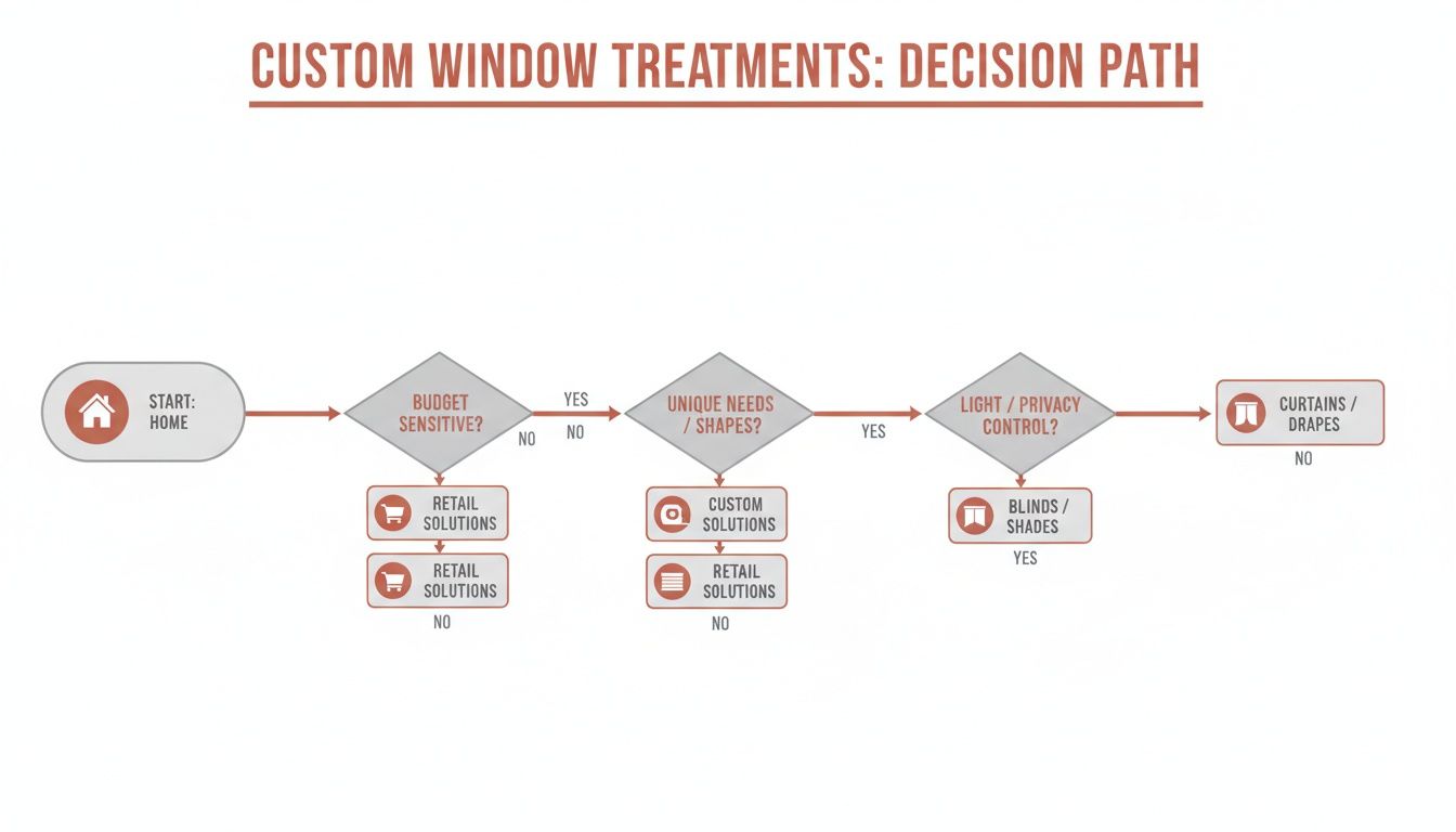 Westchester Window Fashions | The Discerning Homeowner’s Guide to Custom Window Treatments for Bedford Estates in 2026 flowchart guiding custom window treatment decisions based on budget sensitivity, unique needs, and light/privacy control.
