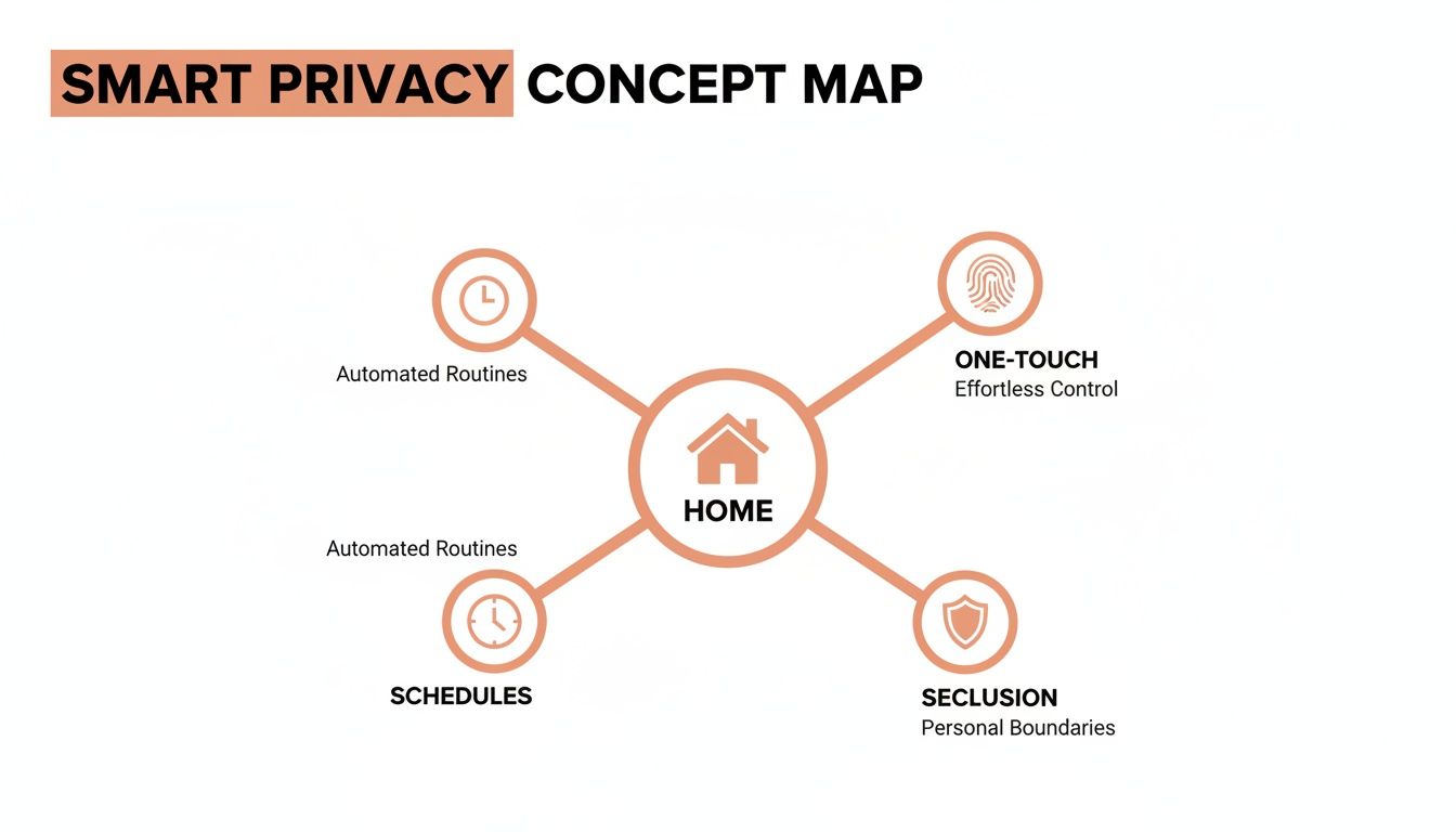 Westchester Window Fashions | The New Standard of Quiet Luxury: Motorized Shades and Smart Blinds in Armonk, NY a smart privacy concept map centered on 'home', detailing automated routines, schedules, one-touch control, and personal boundaries for smart living.