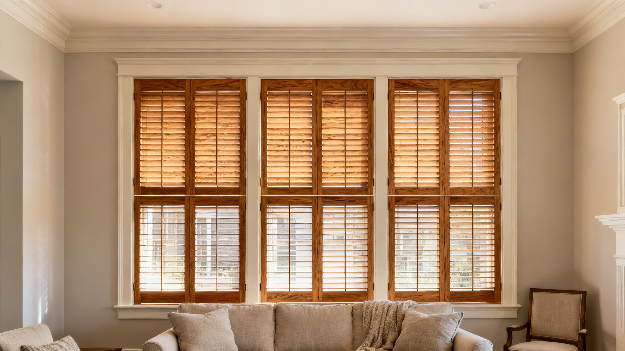 a living room with three large windows featuring light brown wooden plantation shutters and a comfortable sofa.