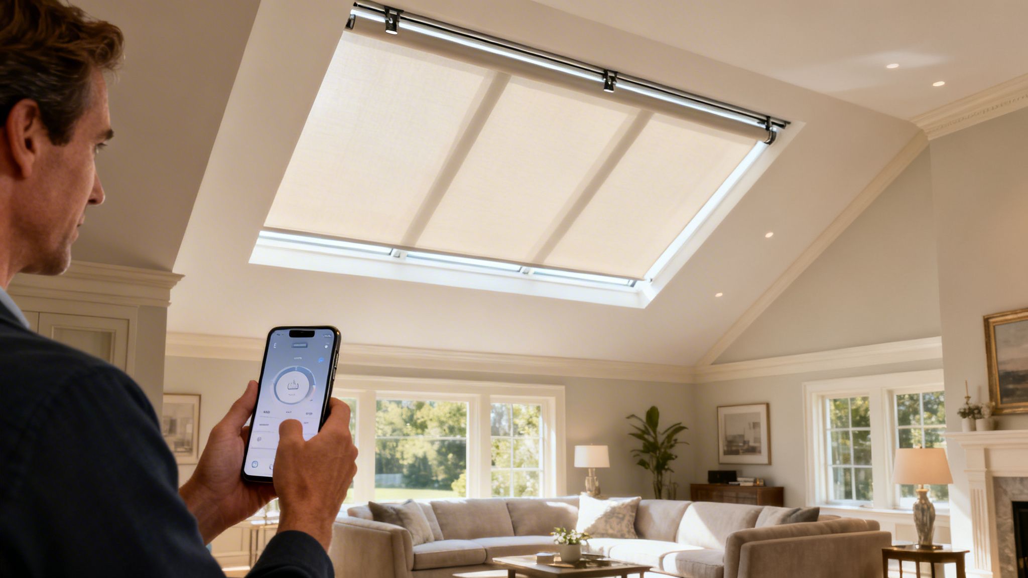Westchester Window Fashions | The Discerning Homeowner’s Guide to Custom Window Treatments for Bedford Estates in 2026 a man uses a smartphone app to control modern motorized skylight shades in a bright living room.