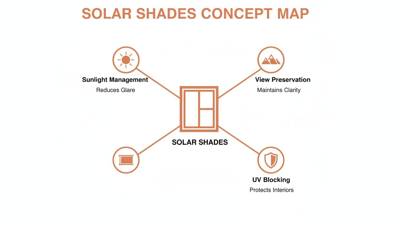 Westchester Window Fashions | What Are Solar Shades for Windows? A Westchester Design Guide a concept map showing the benefits of solar shades for windows, including sunlight management, view preservation, and uv blocking.