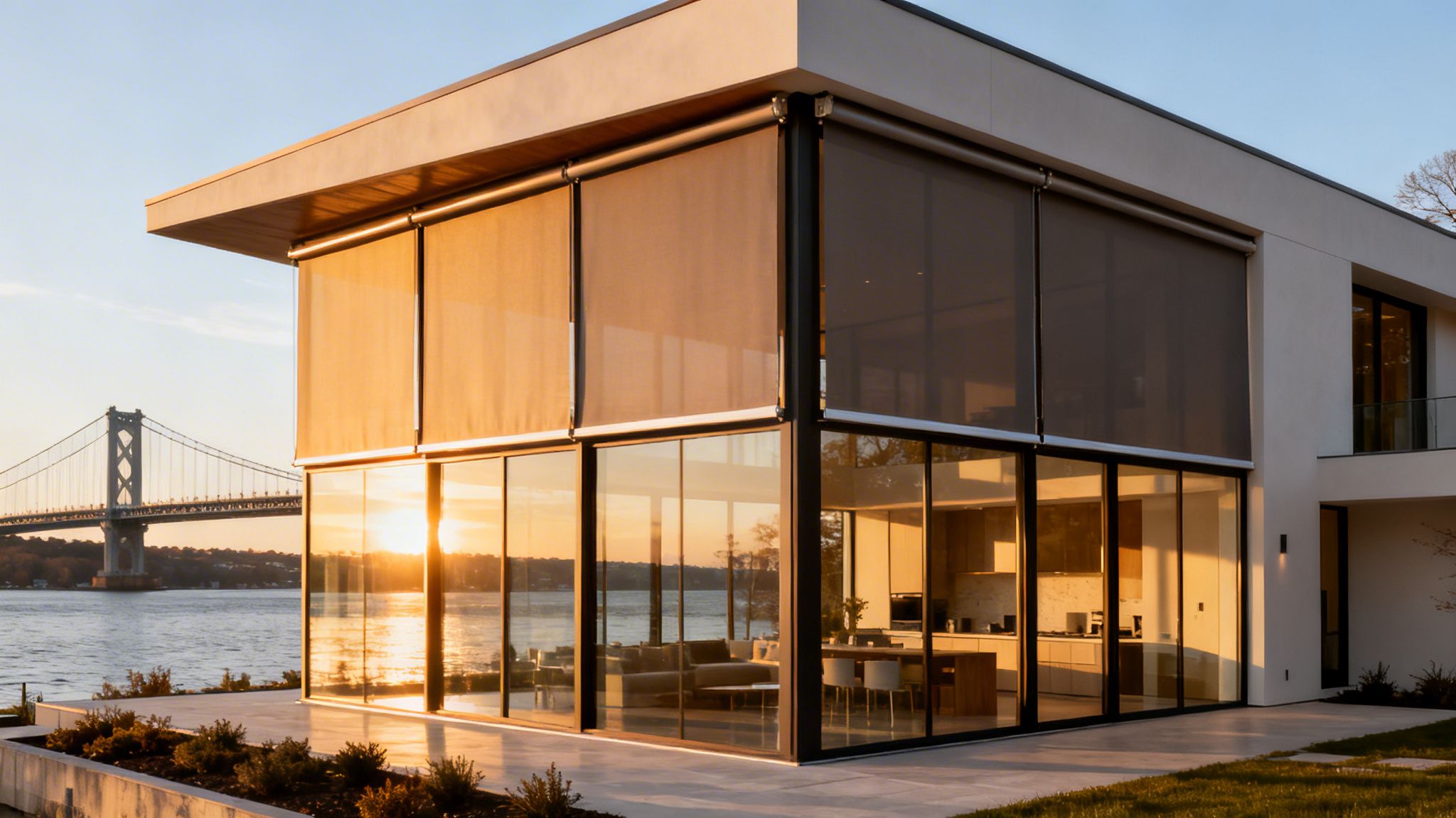 modern waterfront home featuring automated solar shades during a golden hour sunset.