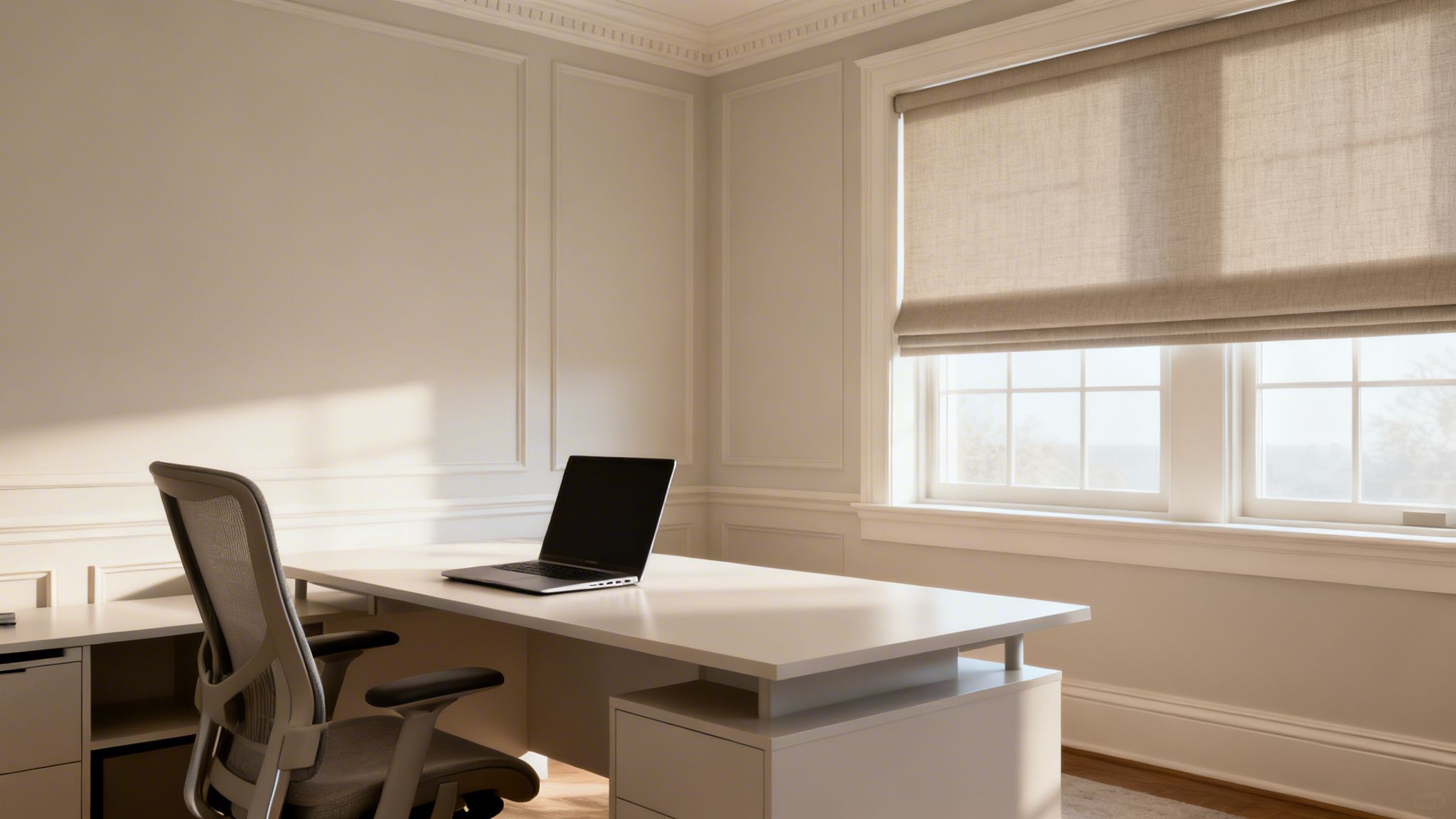 a bright, contemporary home office interior with a desk, ergonomic chair, and roman window shades.