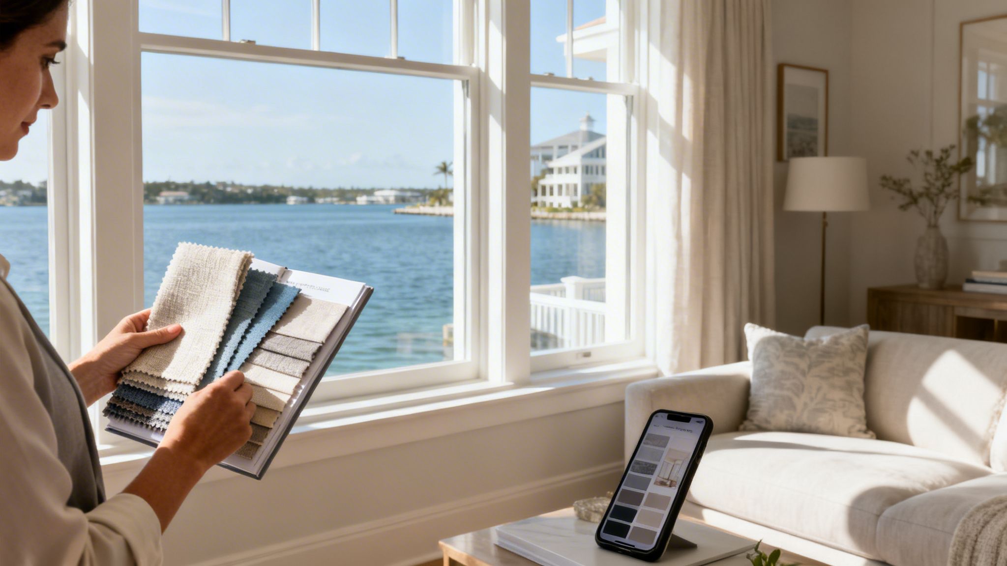 a woman selects fabric swatches for interior design by a window overlooking a waterfront with a phone displaying design options.