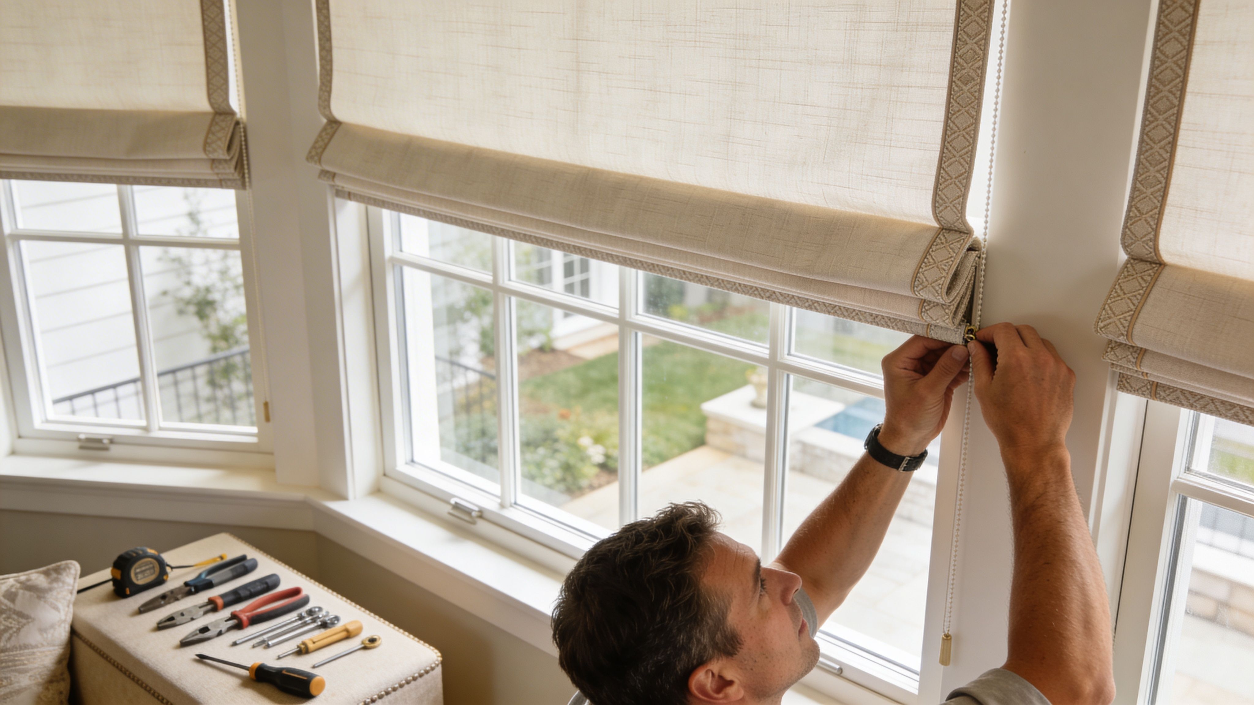 a professional man installing custom fabric roman shades on a bay window in a bright room.