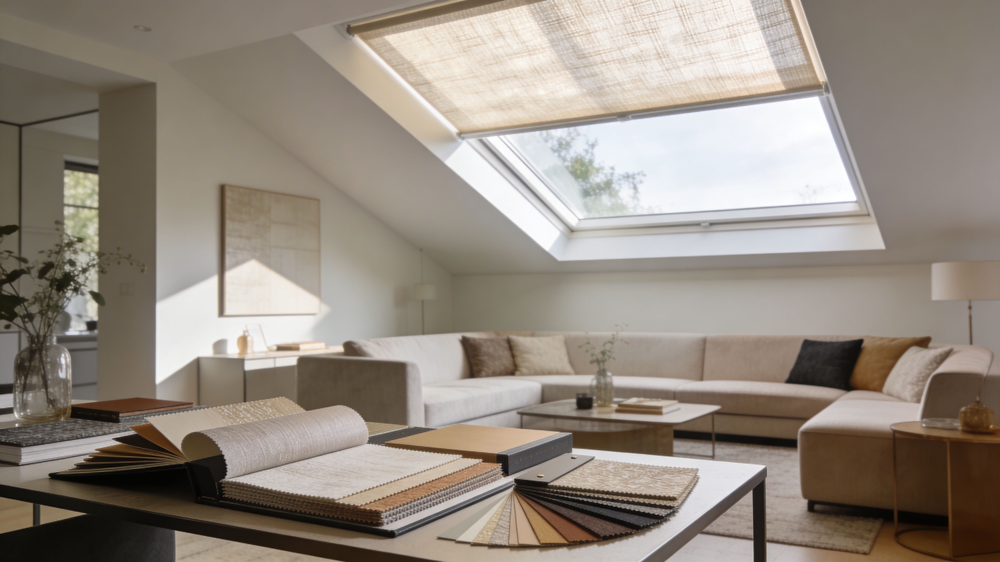 Westchester Window Fashions | Expert Solutions for Covering Skylight Inside a design studio workspace featuring fabric samples on a table with a modern living room in background.