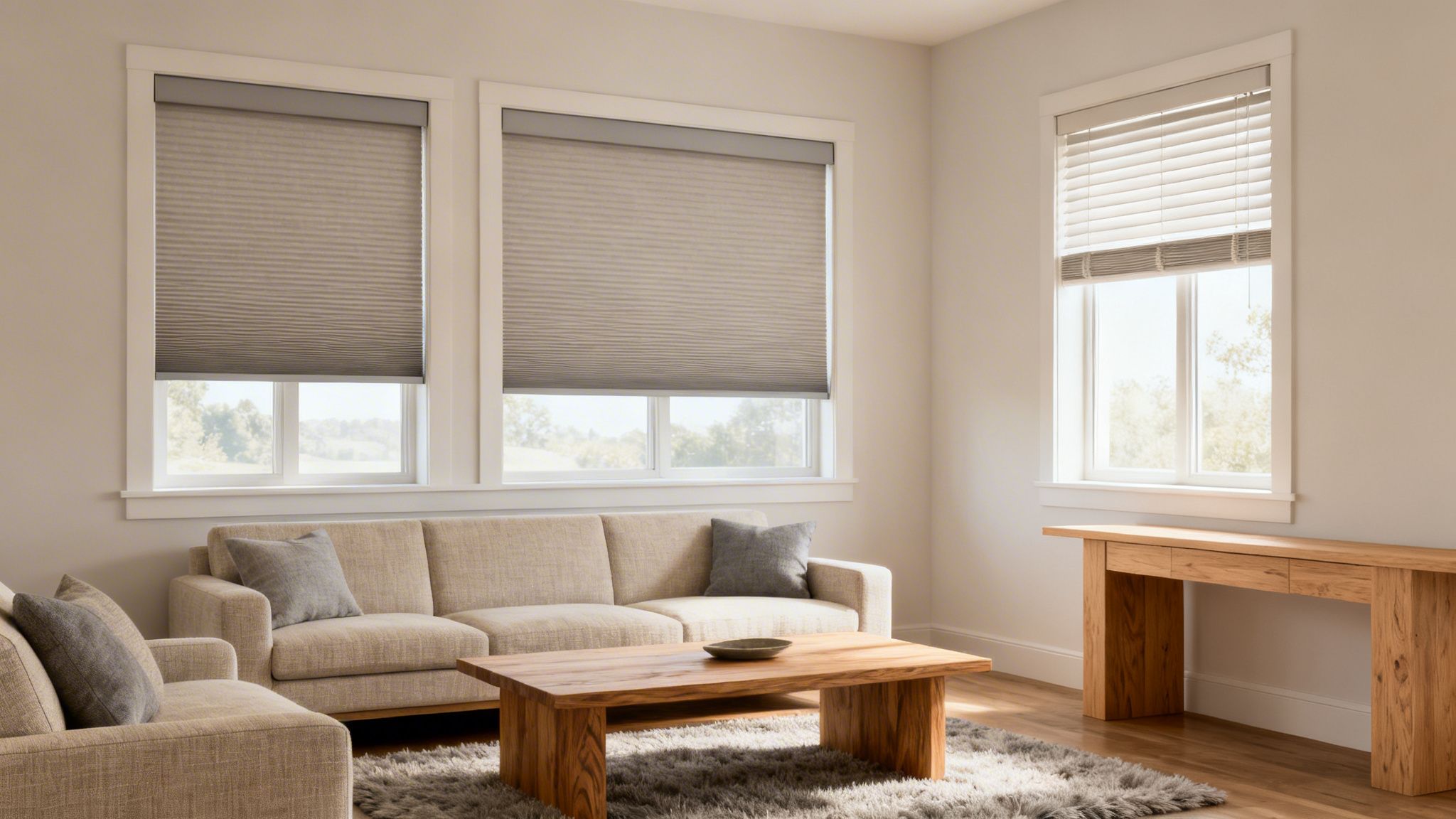 bright living room with a neutral beige sofa, wooden tables, and windows featuring cellular and horizontal blinds.
