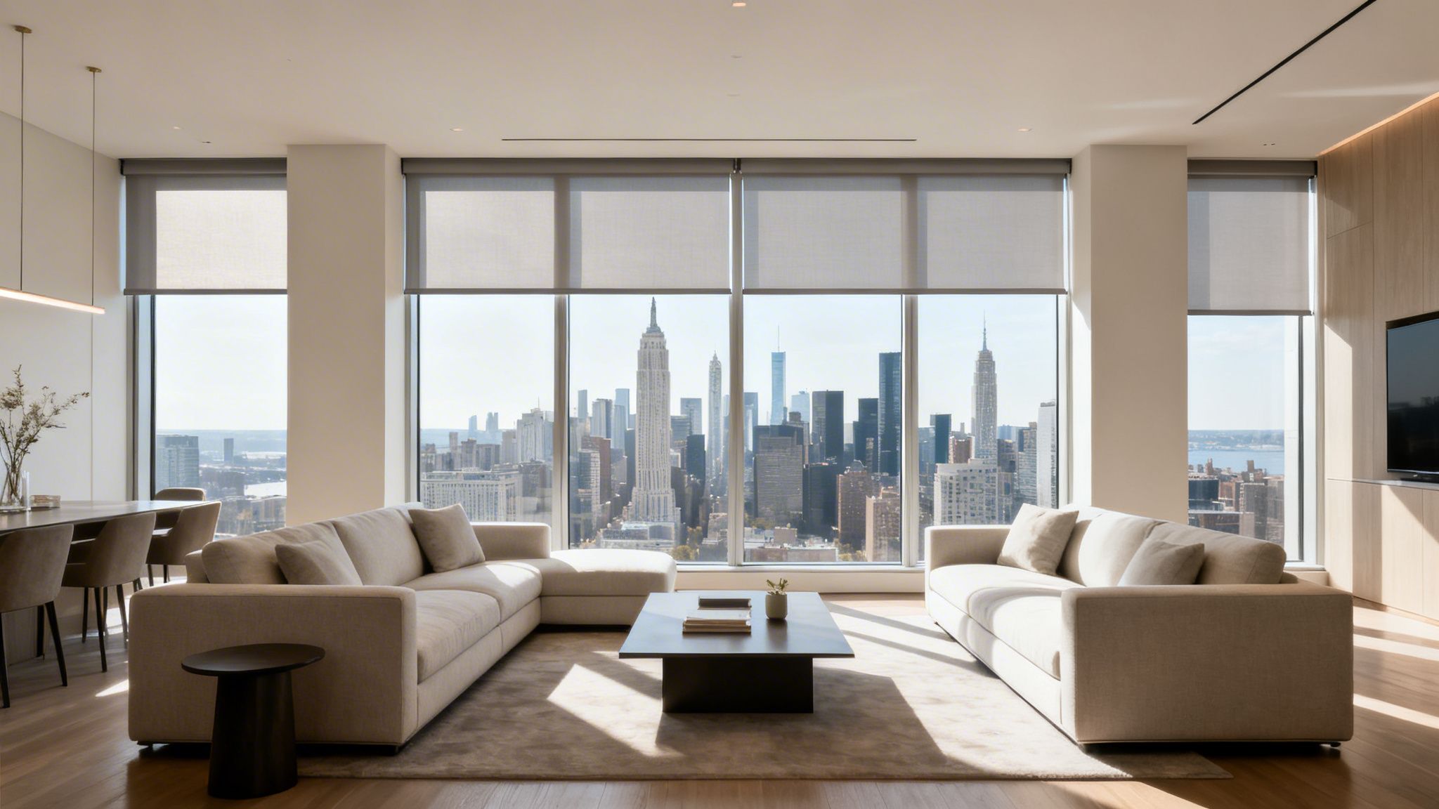 a luxurious modern living room with floor-to-ceiling windows offering a panoramic city skyline view.