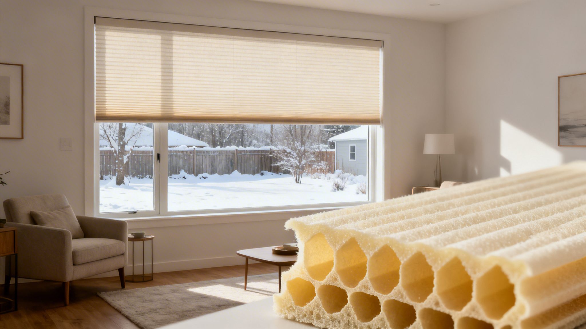 close-up of a cellular shade cross-section with a snowy backyard and a cozy living room in the background.