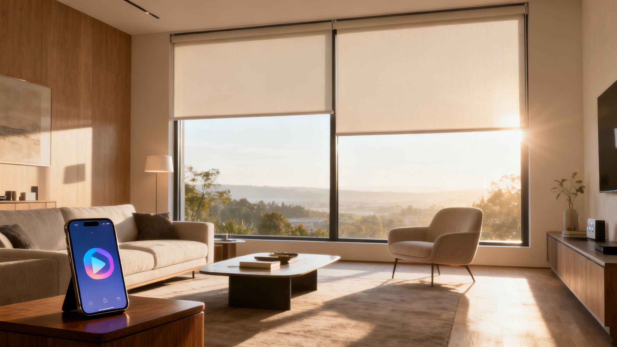 Westchester Window Fashions | Your Guide to the Best Insulating Window Coverings for a Westchester Home a modern living room with large windows, automated blinds, and a smartphone displaying a play app.