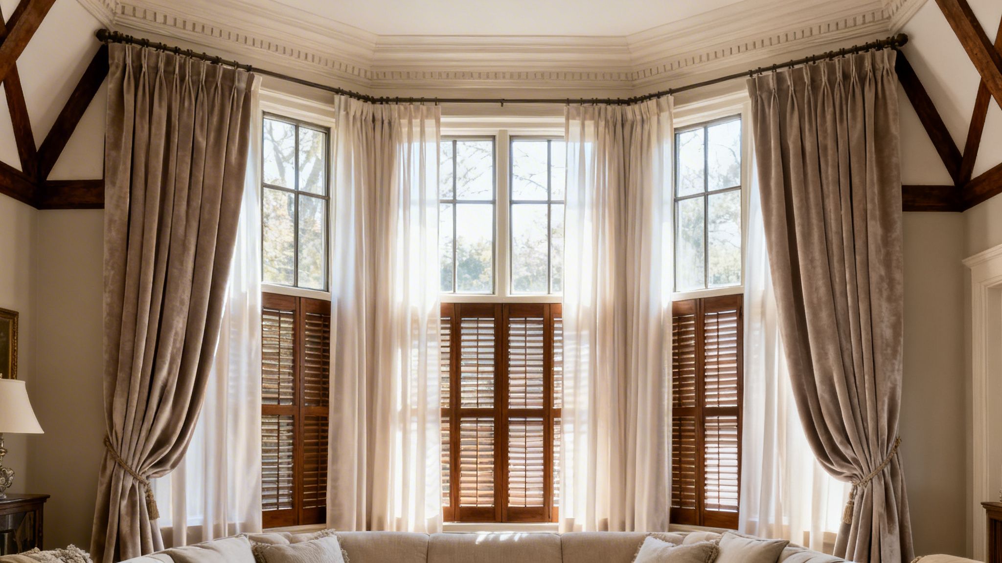 a luxurious living room features a bay window with elegant beige velvet drapes, sheer curtains, and wooden shutters.