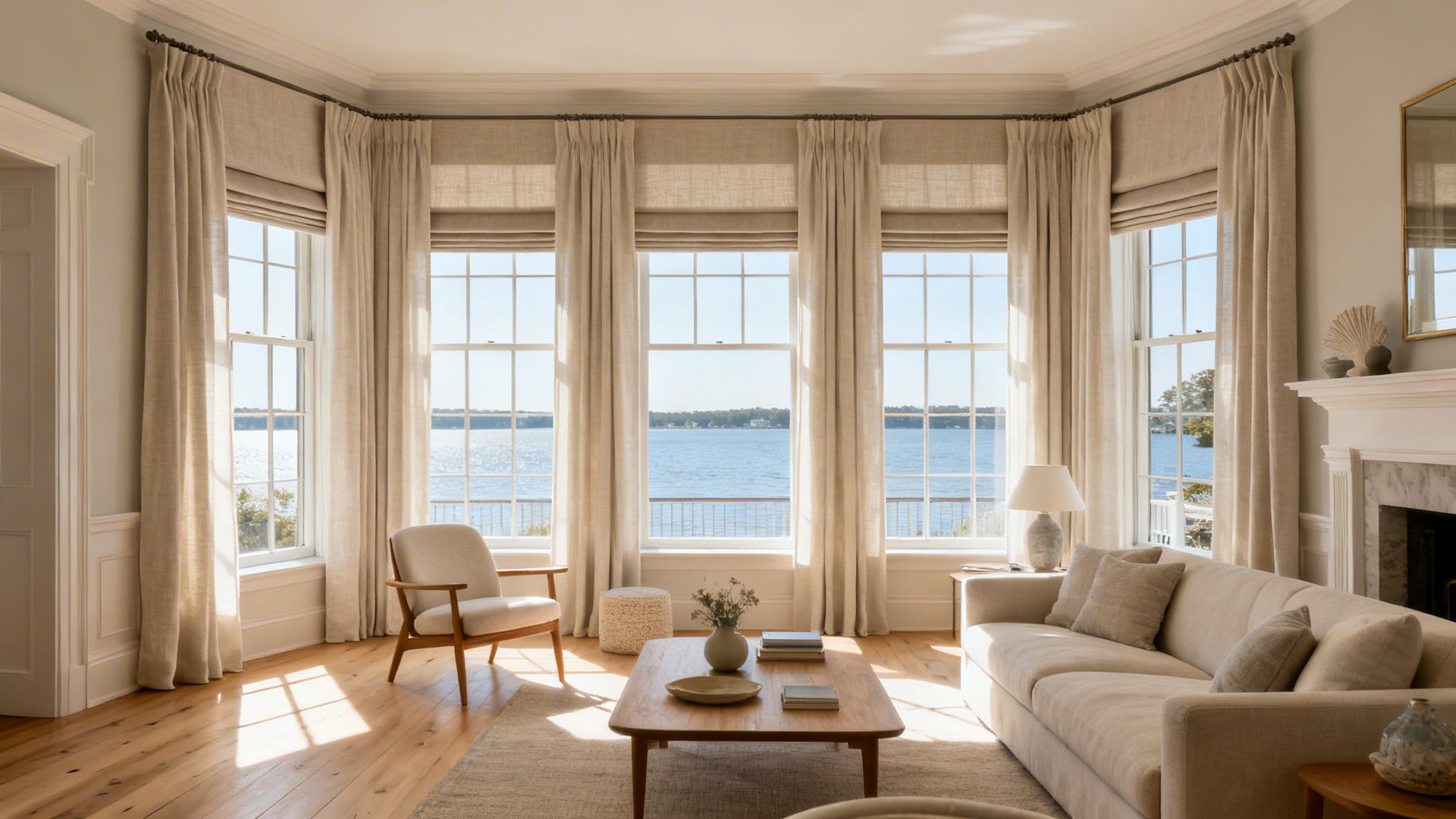 a bright living room with elegant neutral window treatments overlooking a serene lake.