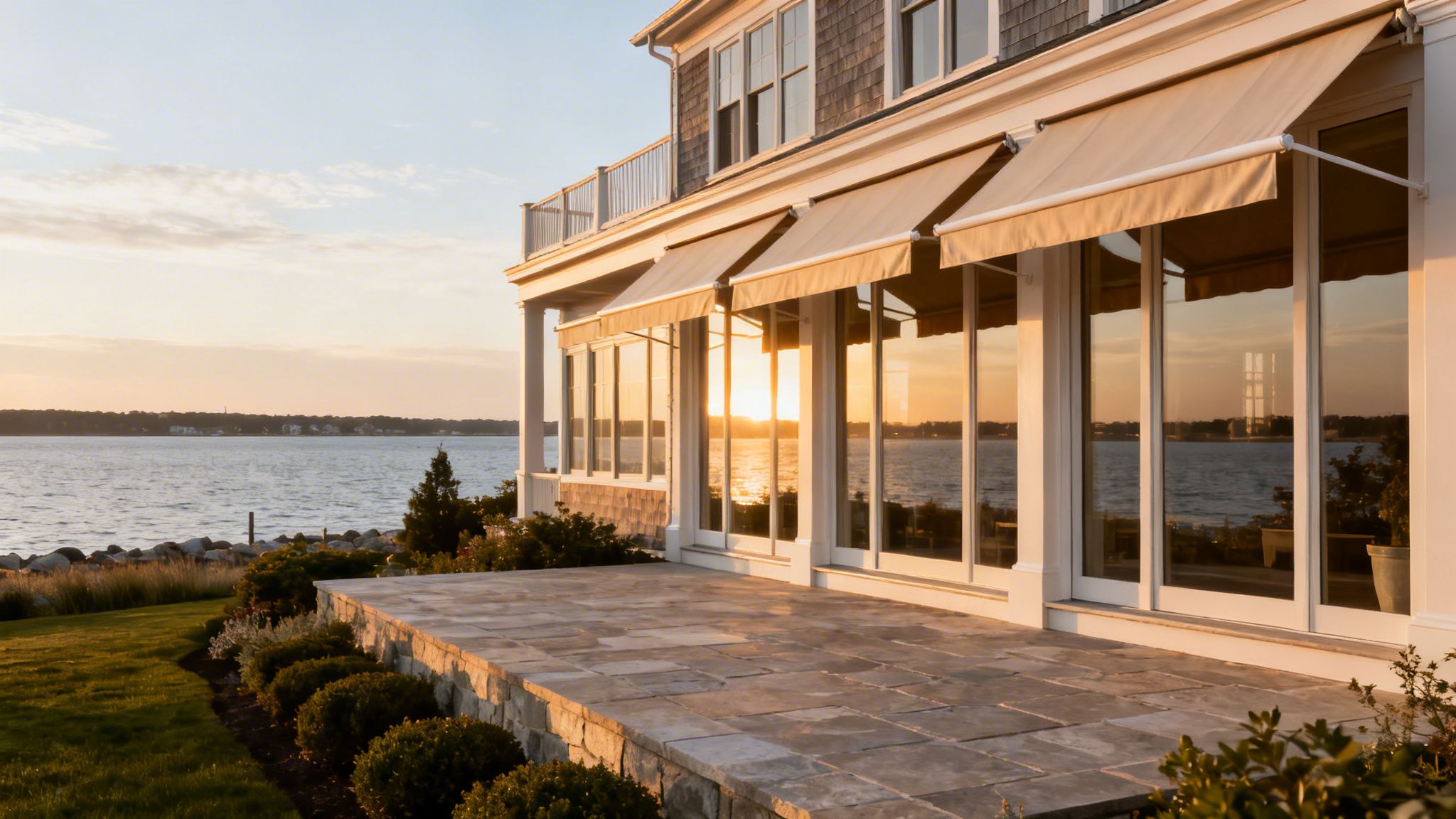 luxury waterfront home with extended beige awnings and stone patio at golden hour.