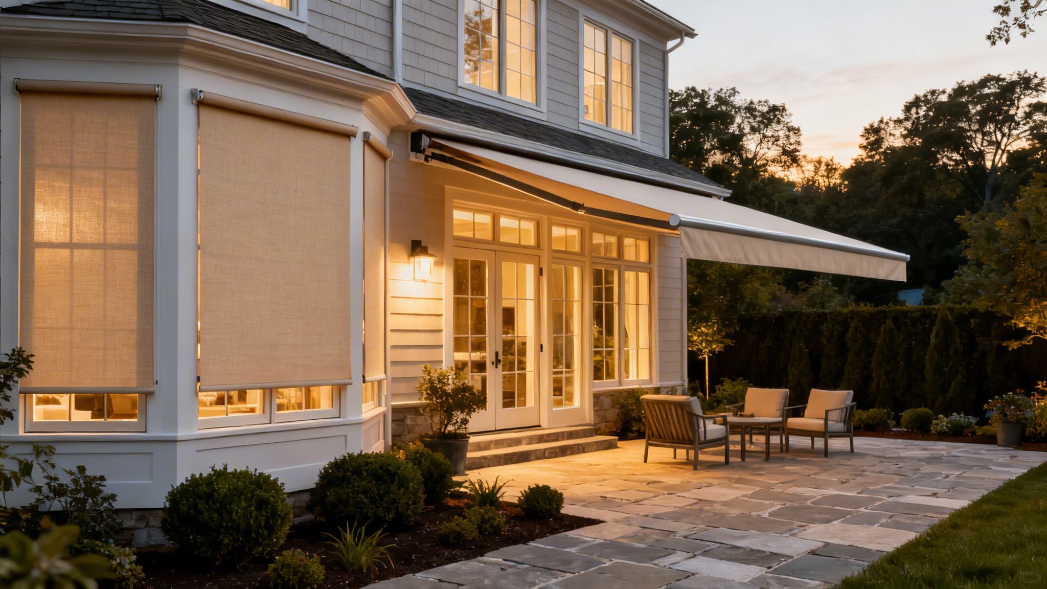 elegant house exterior with custom privacy window shades and a modern retractable patio awning.