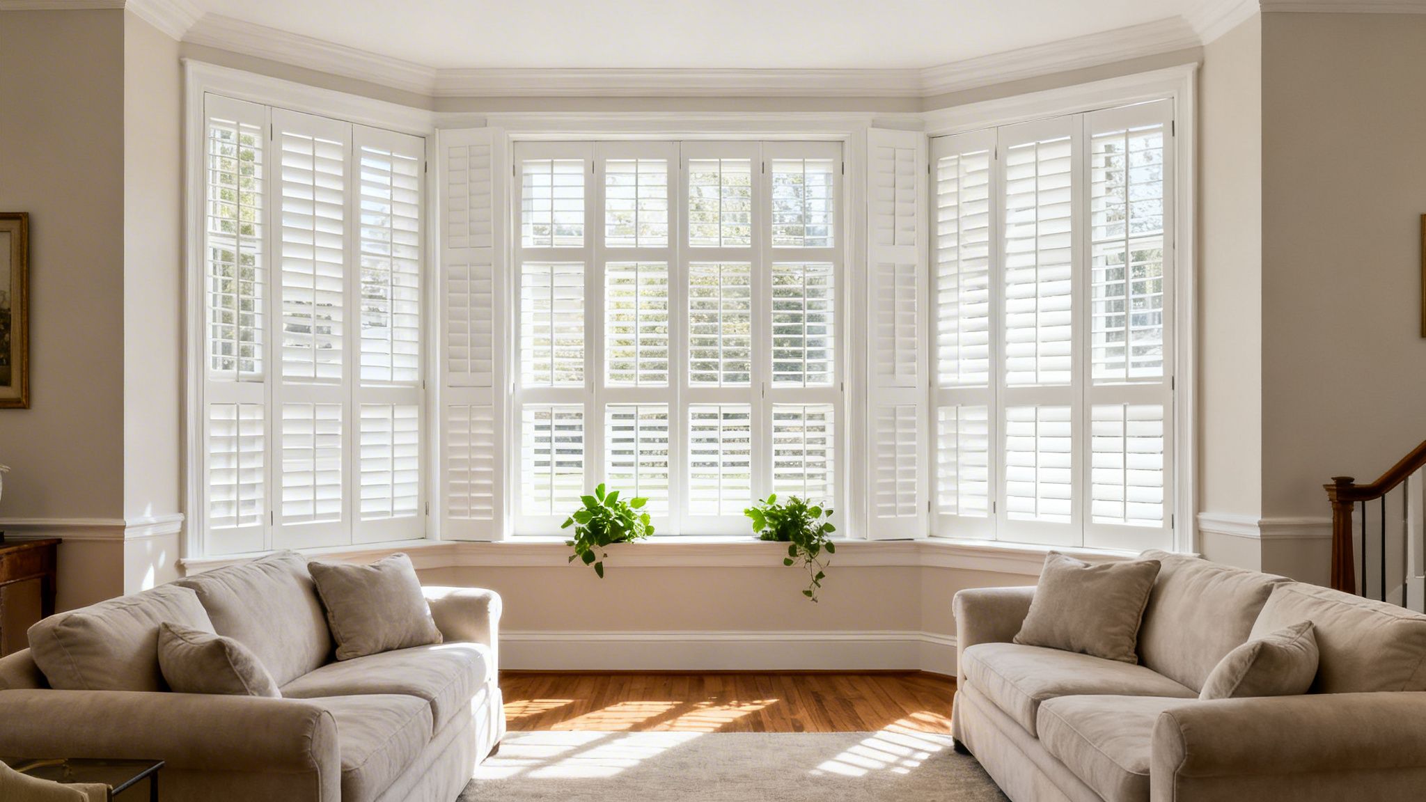 a bright living room featuring two beige sofas, white plantation shutters on a bay window, and green plants.