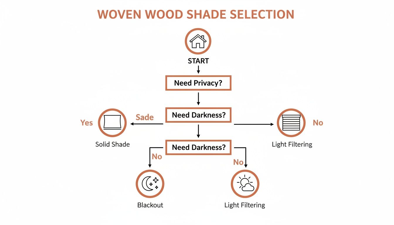 a decision tree for woven wood shade selection, considering privacy, darkness, and light filtering options.