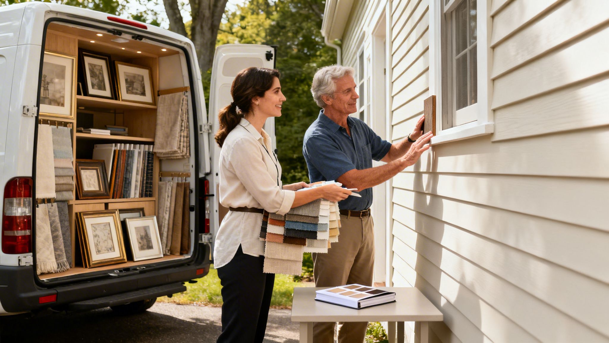 a design consultant helps a man choose exterior samples for his house from a custom van.