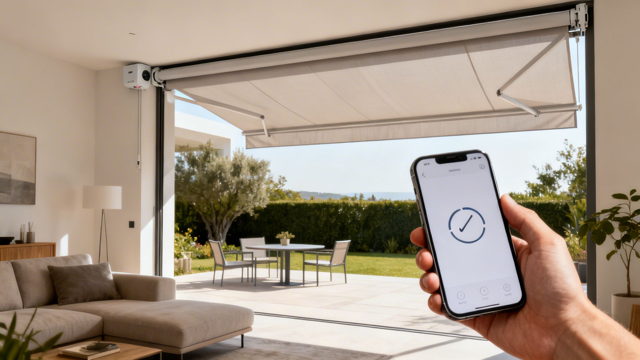 a hand controls a motorized patio awning via a smartphone app from a modern living room.