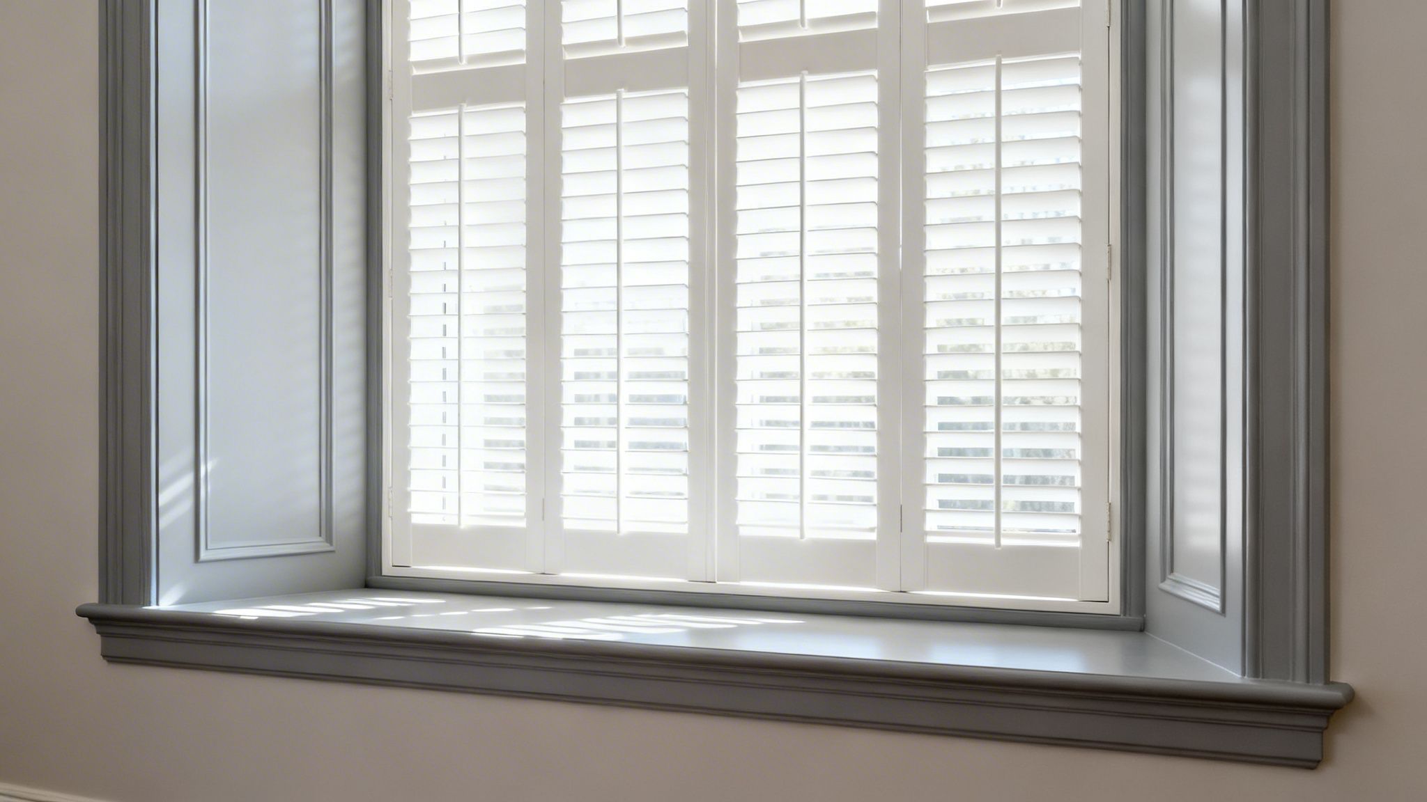 Westchester Window Fashions | Elevating Chappaqua Homes: The Defining Window Treatment Trends for 2026 white plantation shutters cover a window with elegant grey trim and a deep sill, illuminated by sunlight.