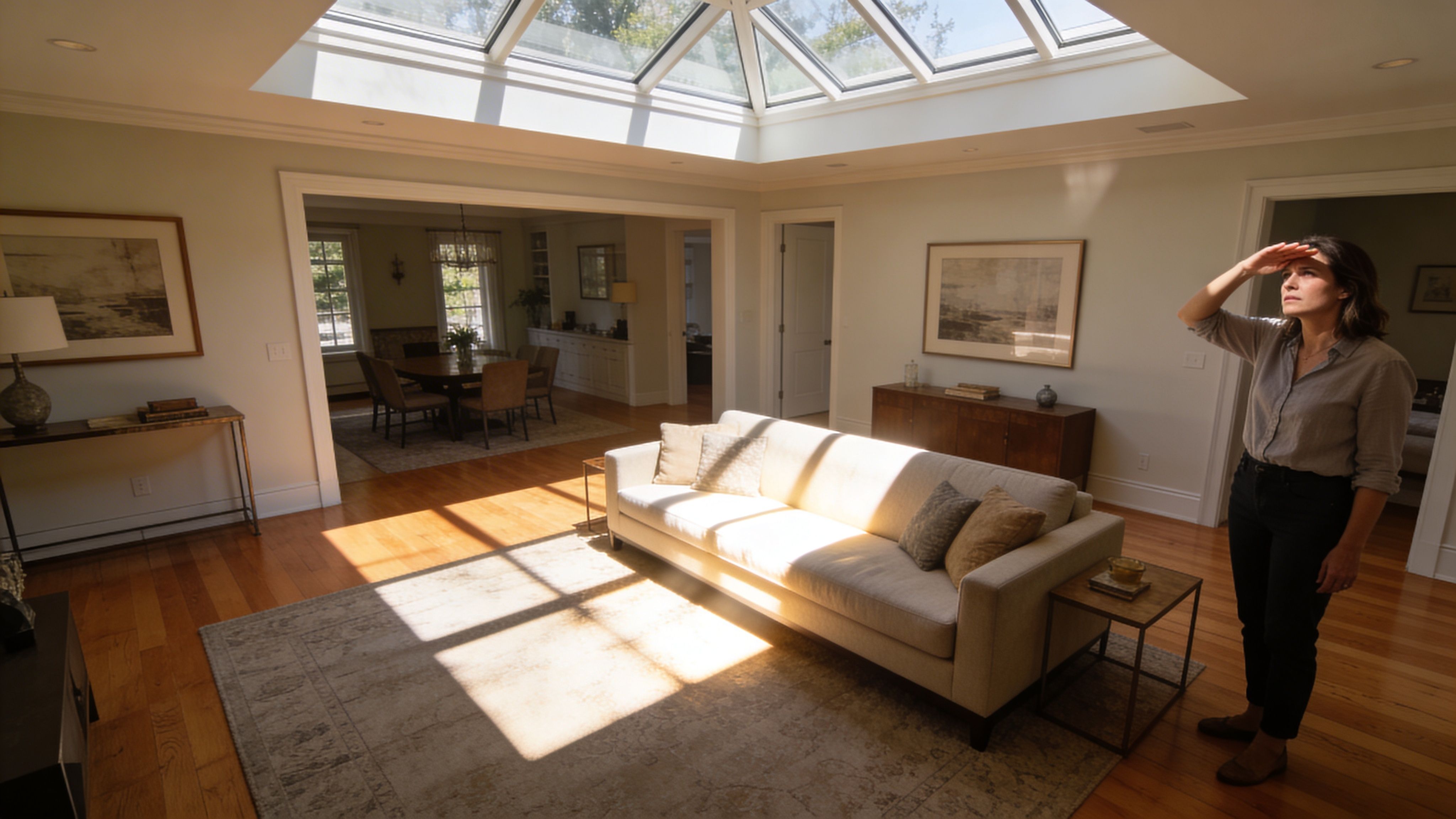 Westchester Window Fashions | Expert Solutions for Covering Skylight Inside a woman stands in a bright, sunlit living room looking up at a large glass ceiling skylight.