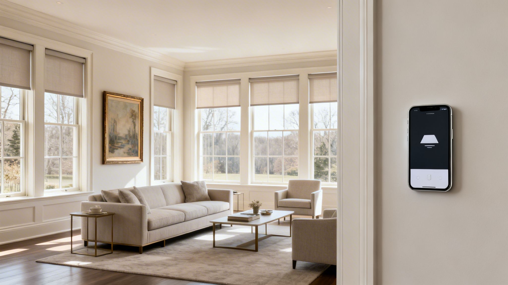 Westchester Window Fashions | The New Standard of Quiet Luxury: Motorized Shades and Smart Blinds in Armonk, NY a bright living room with large windows, light furniture, and a smartphone displaying a smart home app.
