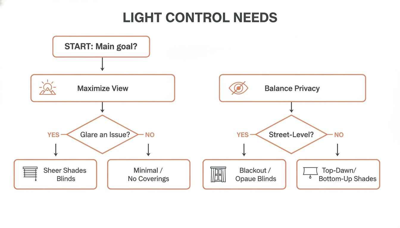 flowchart illustrating light control needs and recommending window treatments for view maximization or privacy.